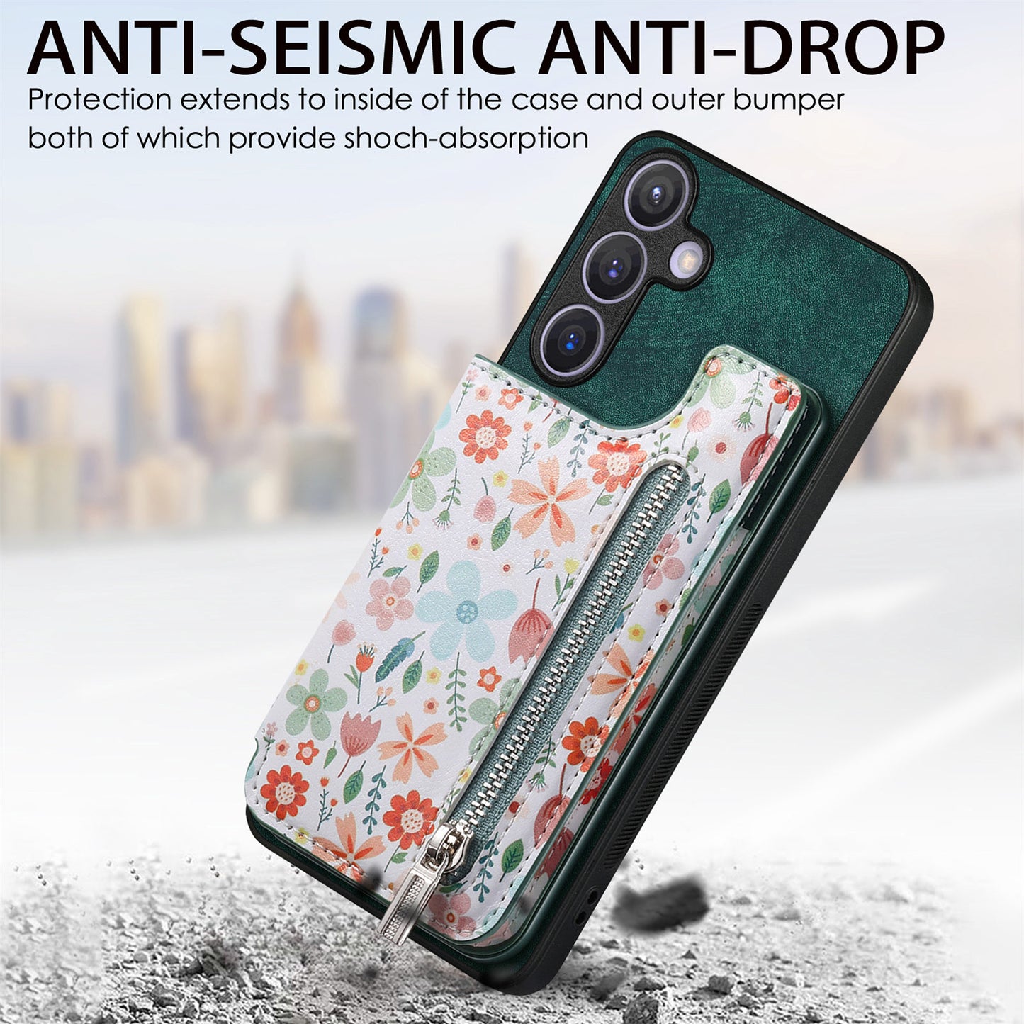 D10 For Samsung Galaxy S24+ Cell Phone Case Pattern Printing Card Bag Zipper Wallet Cover - Green