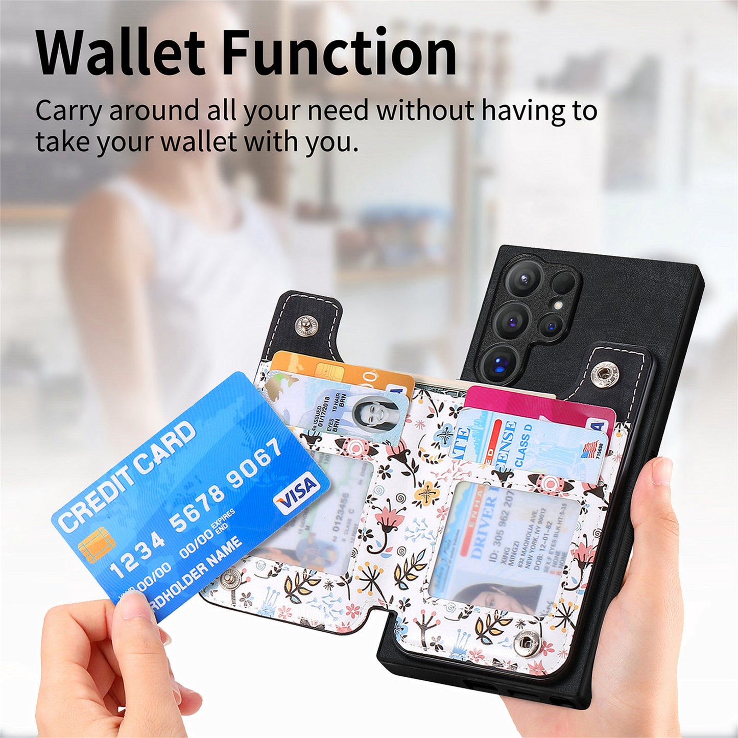 D10 For Samsung Galaxy S24 Ultra Cell Phone Case Pattern Printed Card Bag TPU+Leather Back Cover - Black