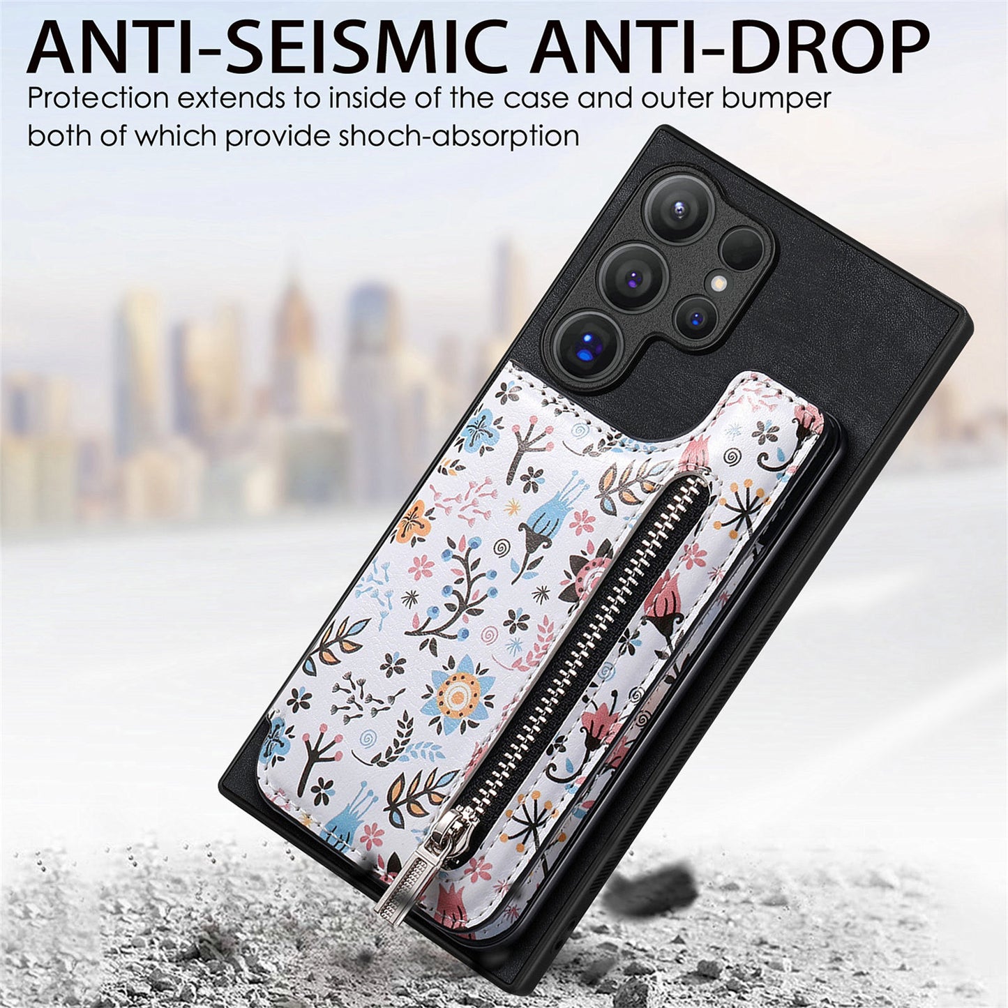 D10 For Samsung Galaxy S24 Ultra Cell Phone Case Pattern Printed Card Bag TPU+Leather Back Cover - Black