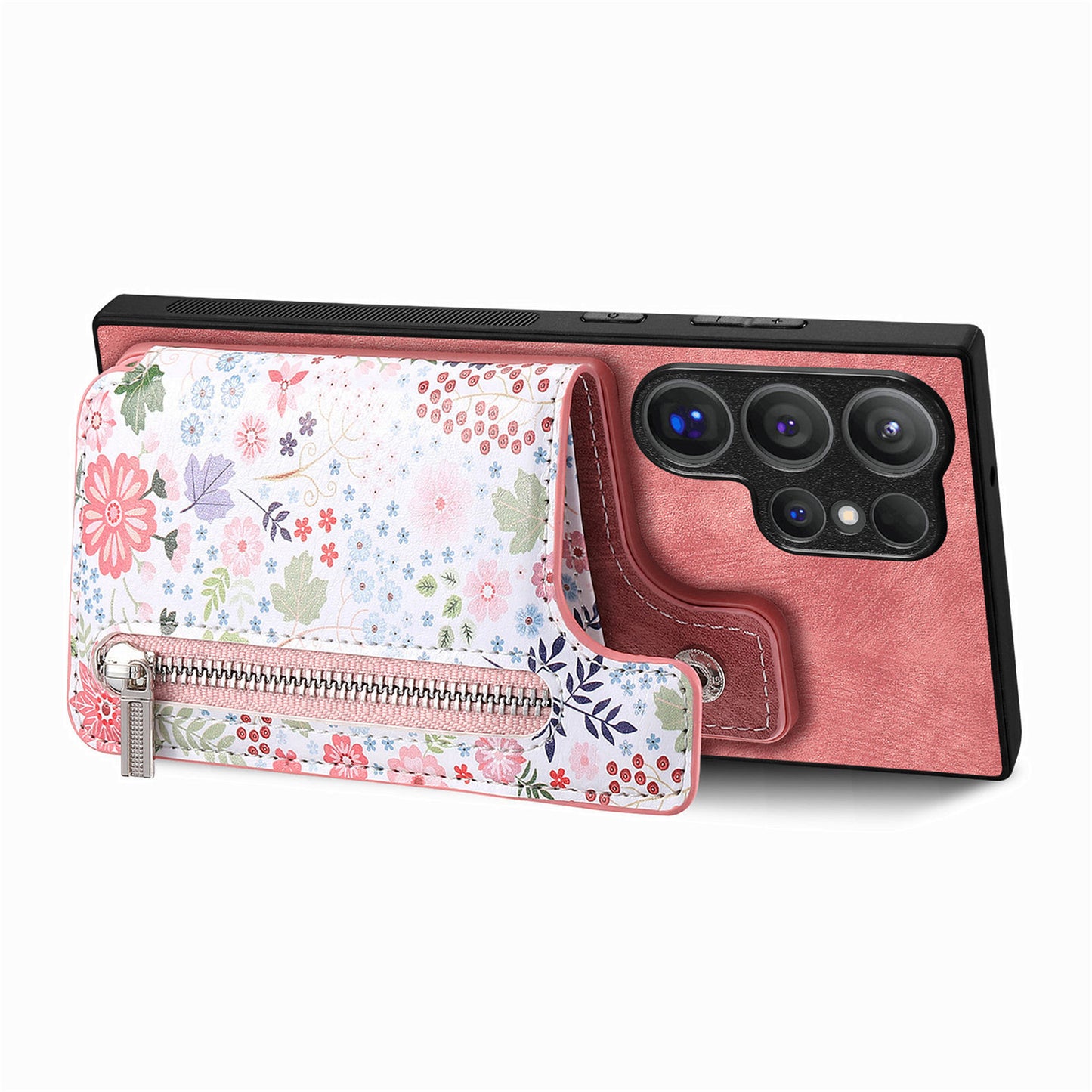 D10 For Samsung Galaxy S24 Ultra Cell Phone Case Pattern Printed Card Bag TPU+Leather Back Cover - Pink