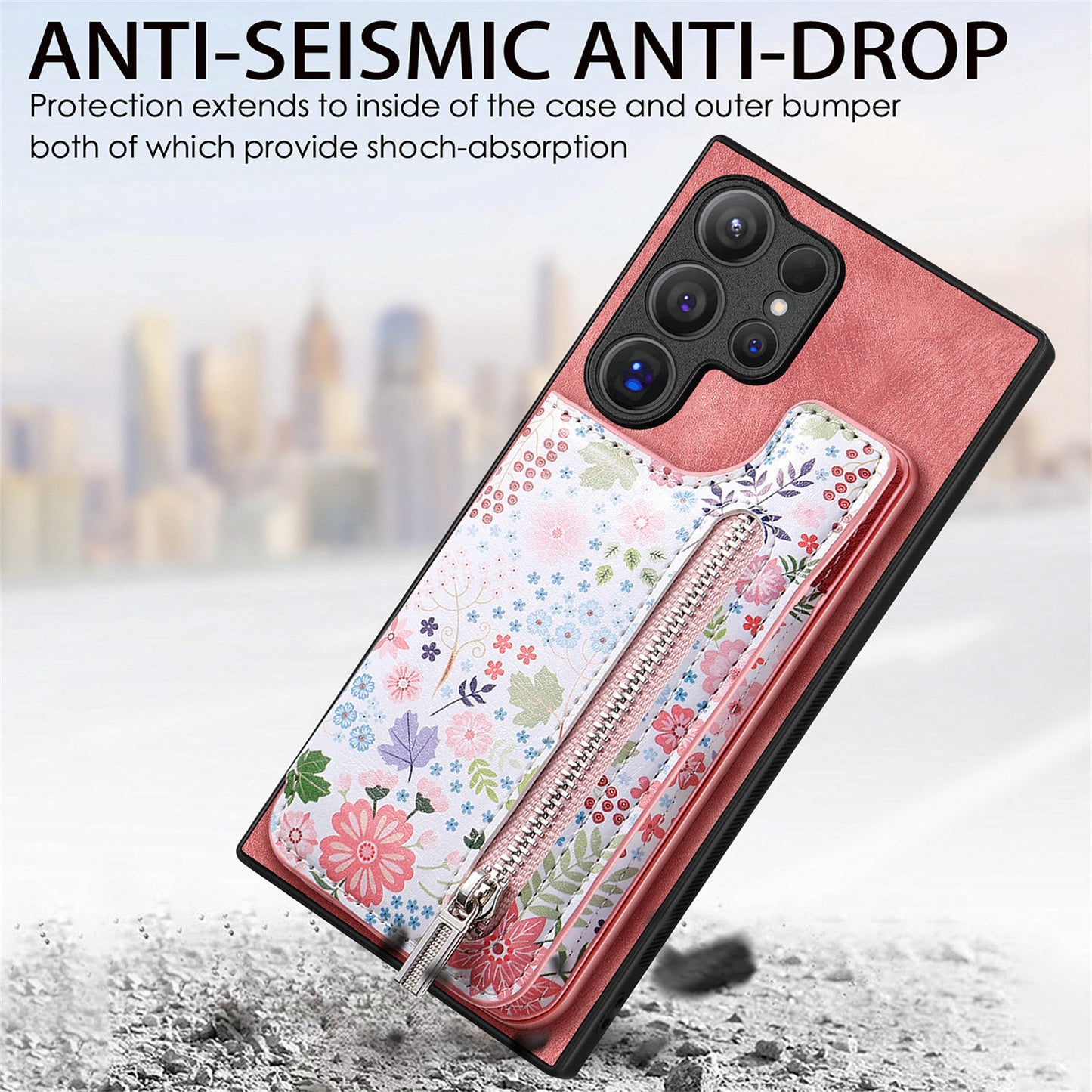 D10 For Samsung Galaxy S24 Ultra Cell Phone Case Pattern Printed Card Bag TPU+Leather Back Cover - Pink