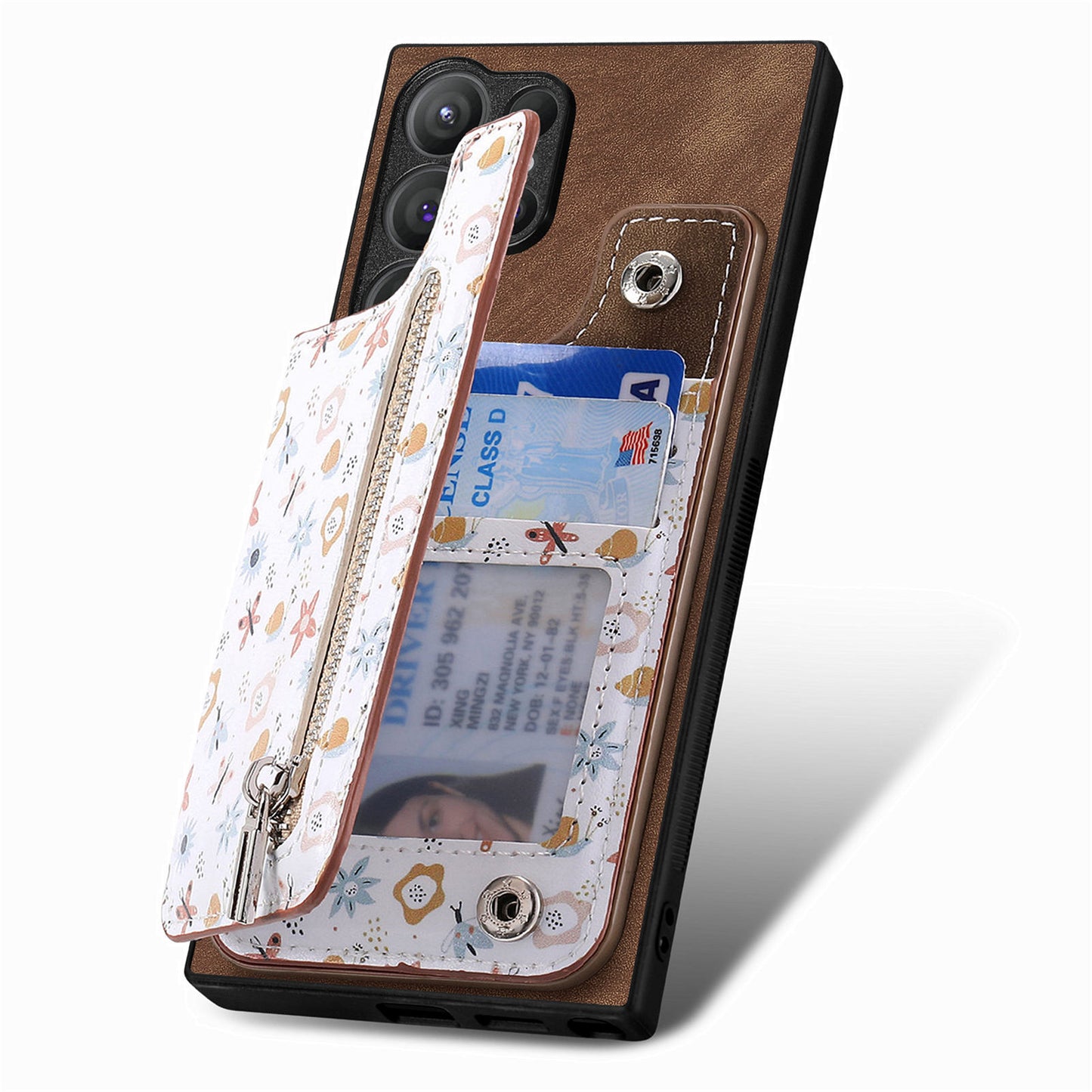 D10 For Samsung Galaxy S24 Ultra Cell Phone Case Pattern Printed Card Bag TPU+Leather Back Cover - Brown