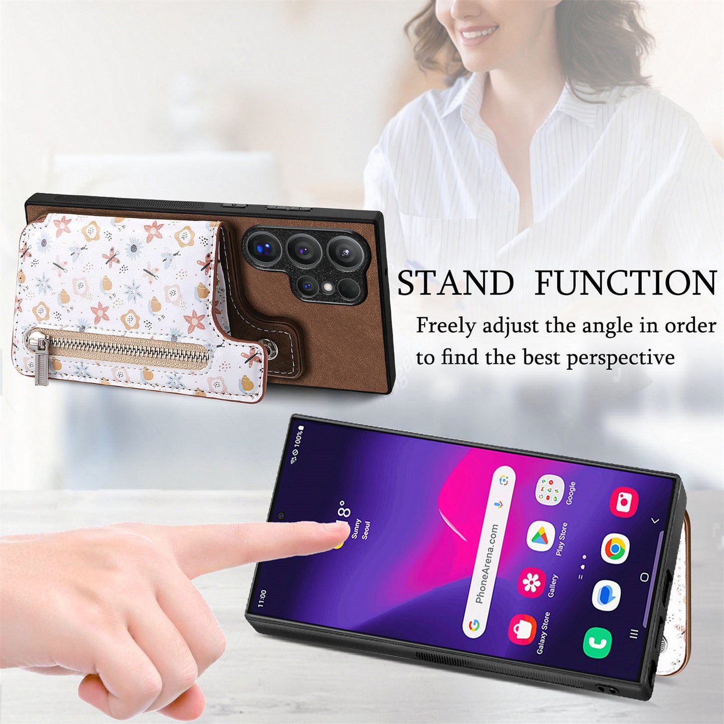 D10 For Samsung Galaxy S24 Ultra Cell Phone Case Pattern Printed Card Bag TPU+Leather Back Cover - Brown