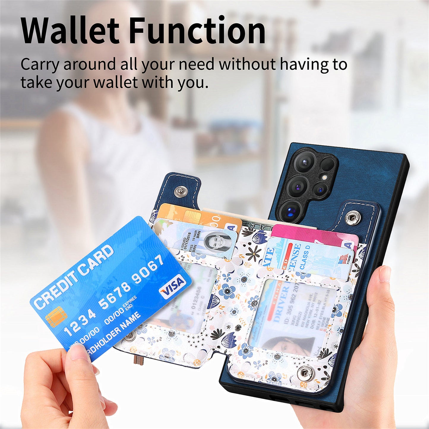 D10 For Samsung Galaxy S24 Ultra Cell Phone Case Pattern Printed Card Bag TPU+Leather Back Cover - Blue