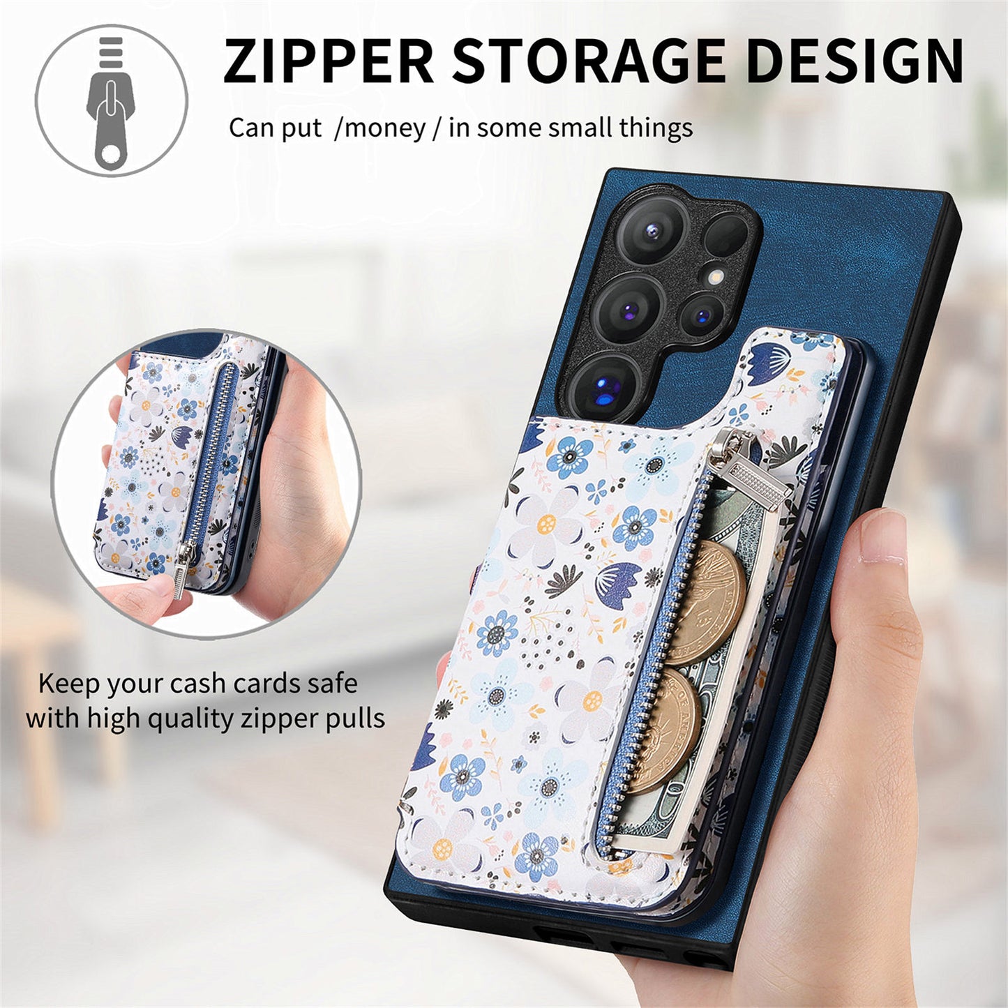 D10 For Samsung Galaxy S24 Ultra Cell Phone Case Pattern Printed Card Bag TPU+Leather Back Cover - Blue