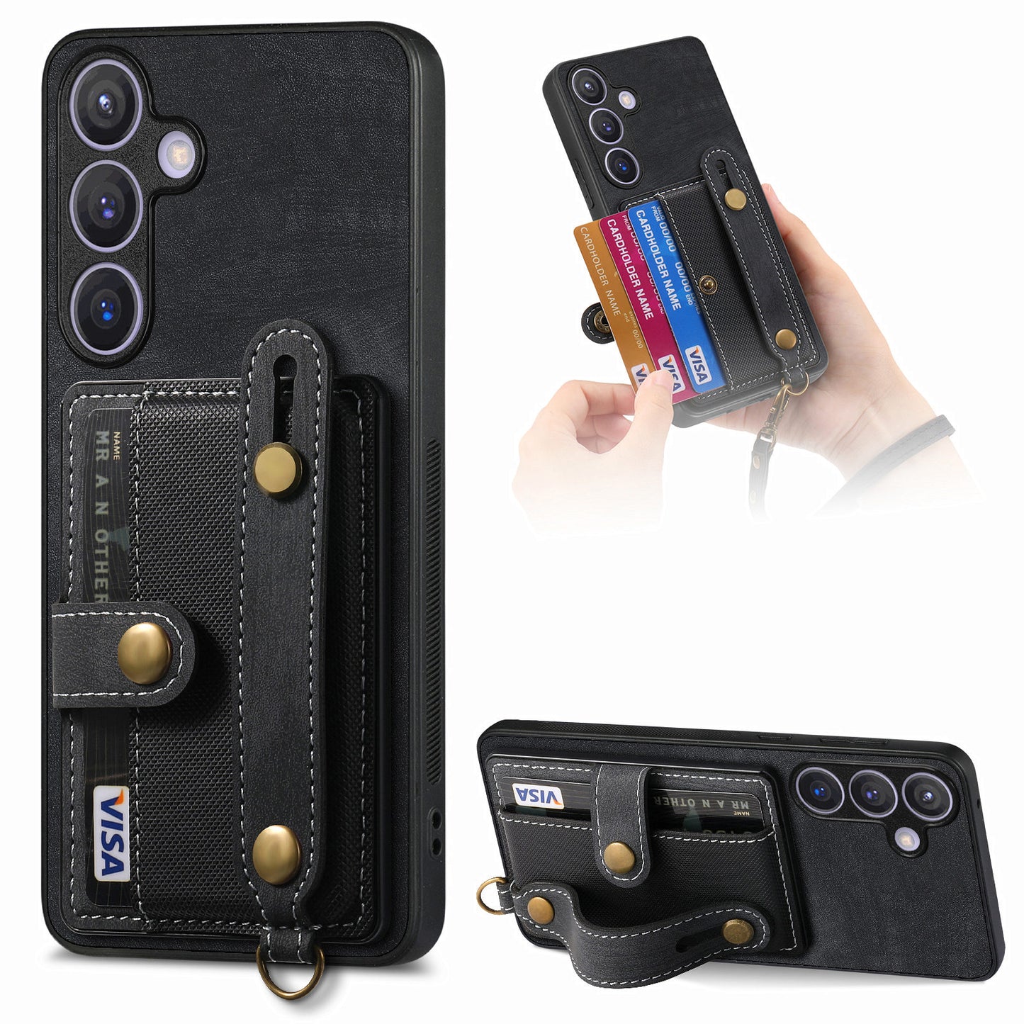 For Samsung Galaxy S24+ Case Cross Texture Leather Back Cover with Card Slot Wristband Kickstand - Black