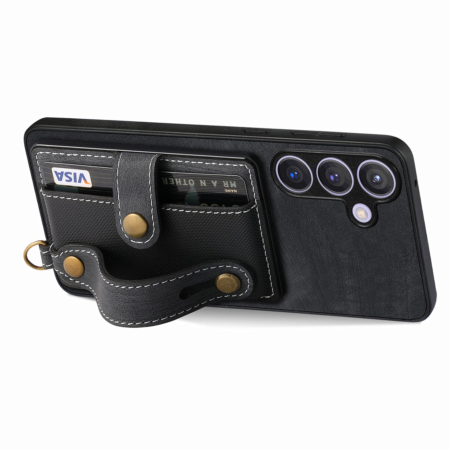 For Samsung Galaxy S24+ Case Cross Texture Leather Back Cover with Card Slot Wristband Kickstand - Black