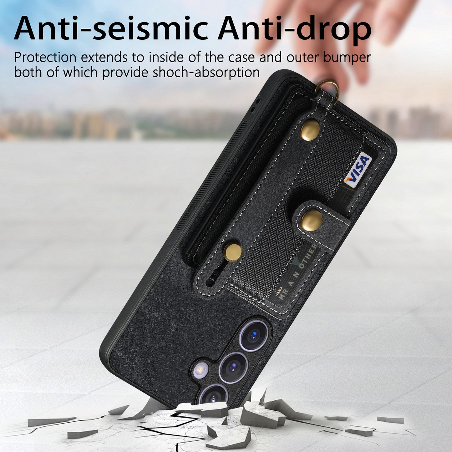 For Samsung Galaxy S24+ Case Cross Texture Leather Back Cover with Card Slot Wristband Kickstand - Black