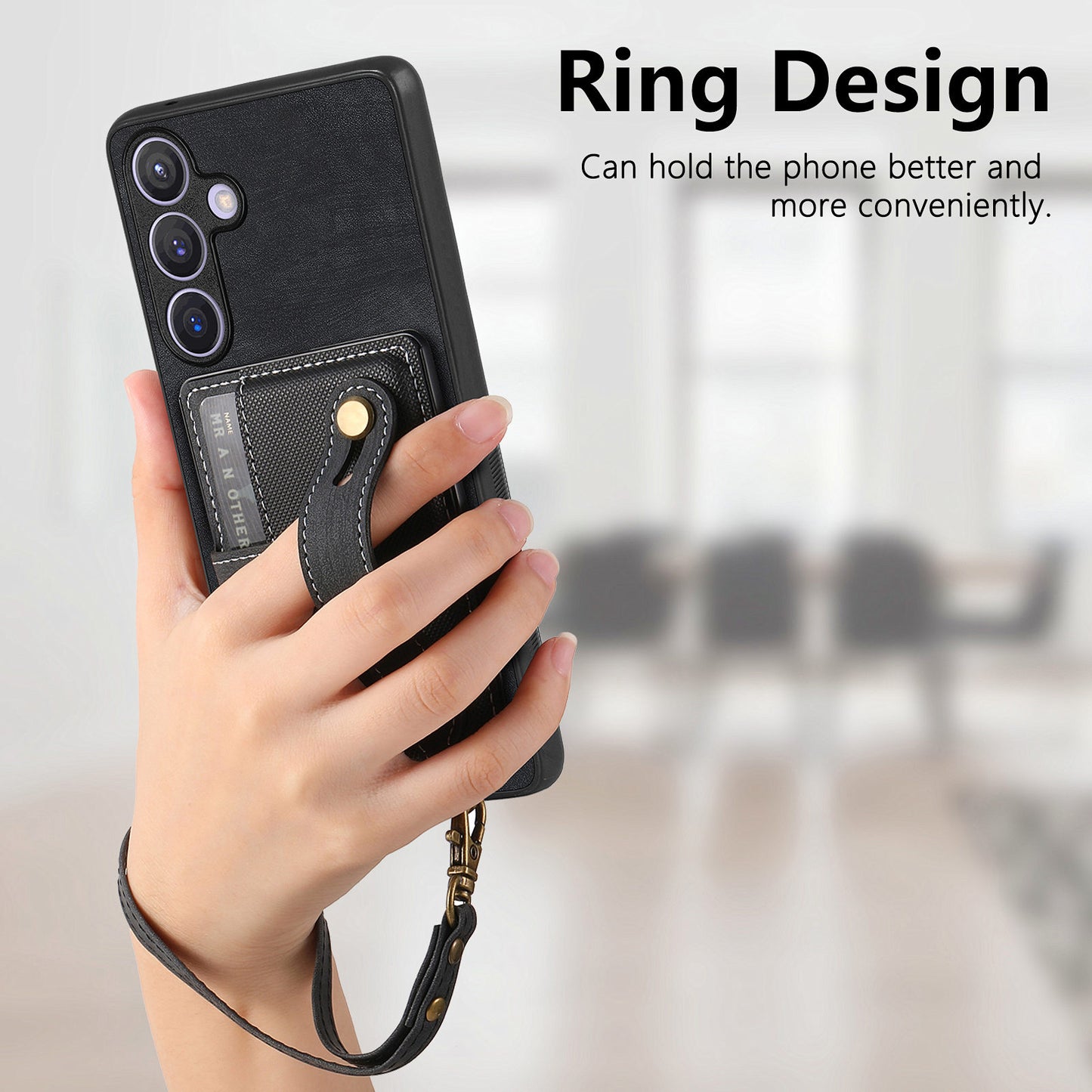For Samsung Galaxy S24+ Case Cross Texture Leather Back Cover with Card Slot Wristband Kickstand - Black