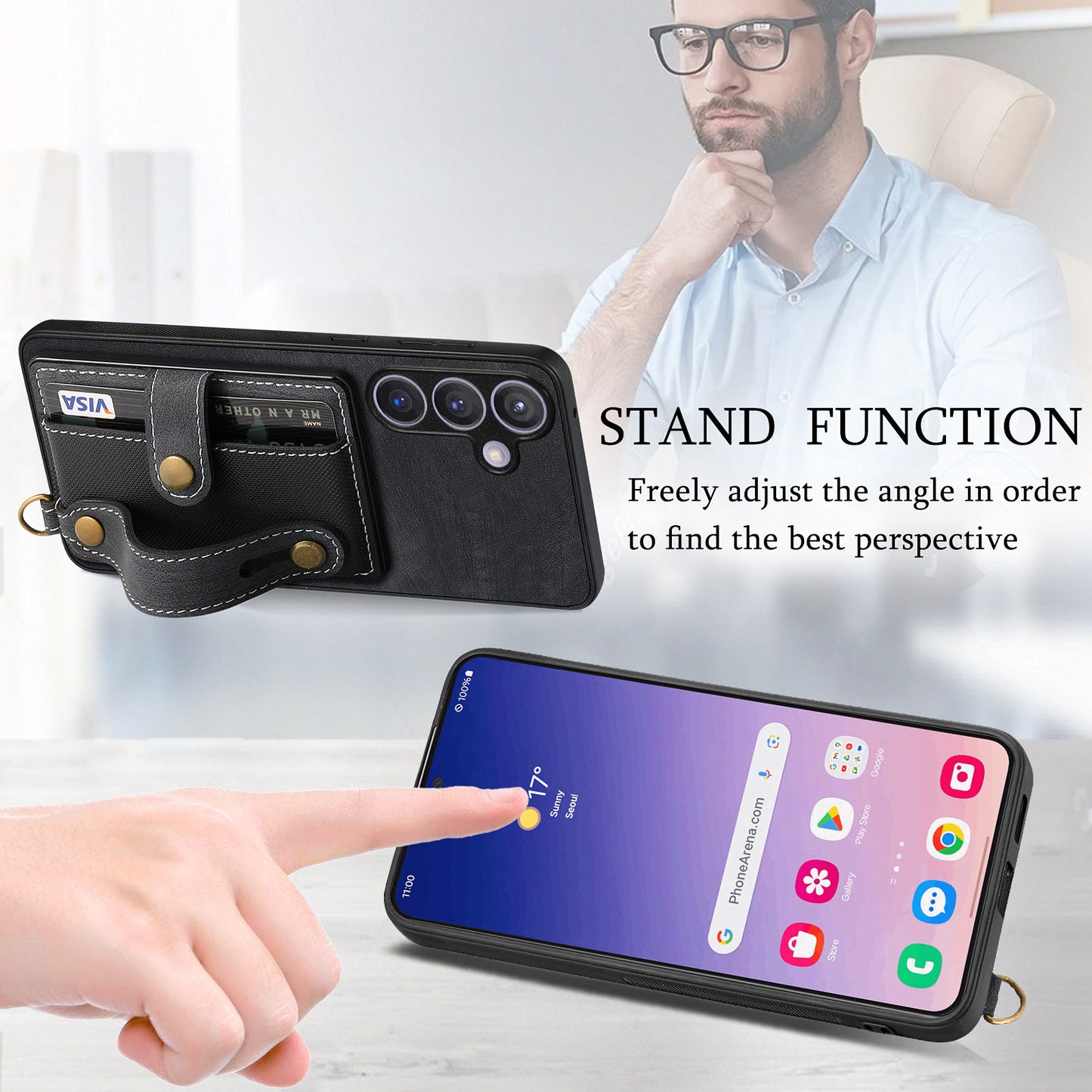 For Samsung Galaxy S24+ Case Cross Texture Leather Back Cover with Card Slot Wristband Kickstand - Black