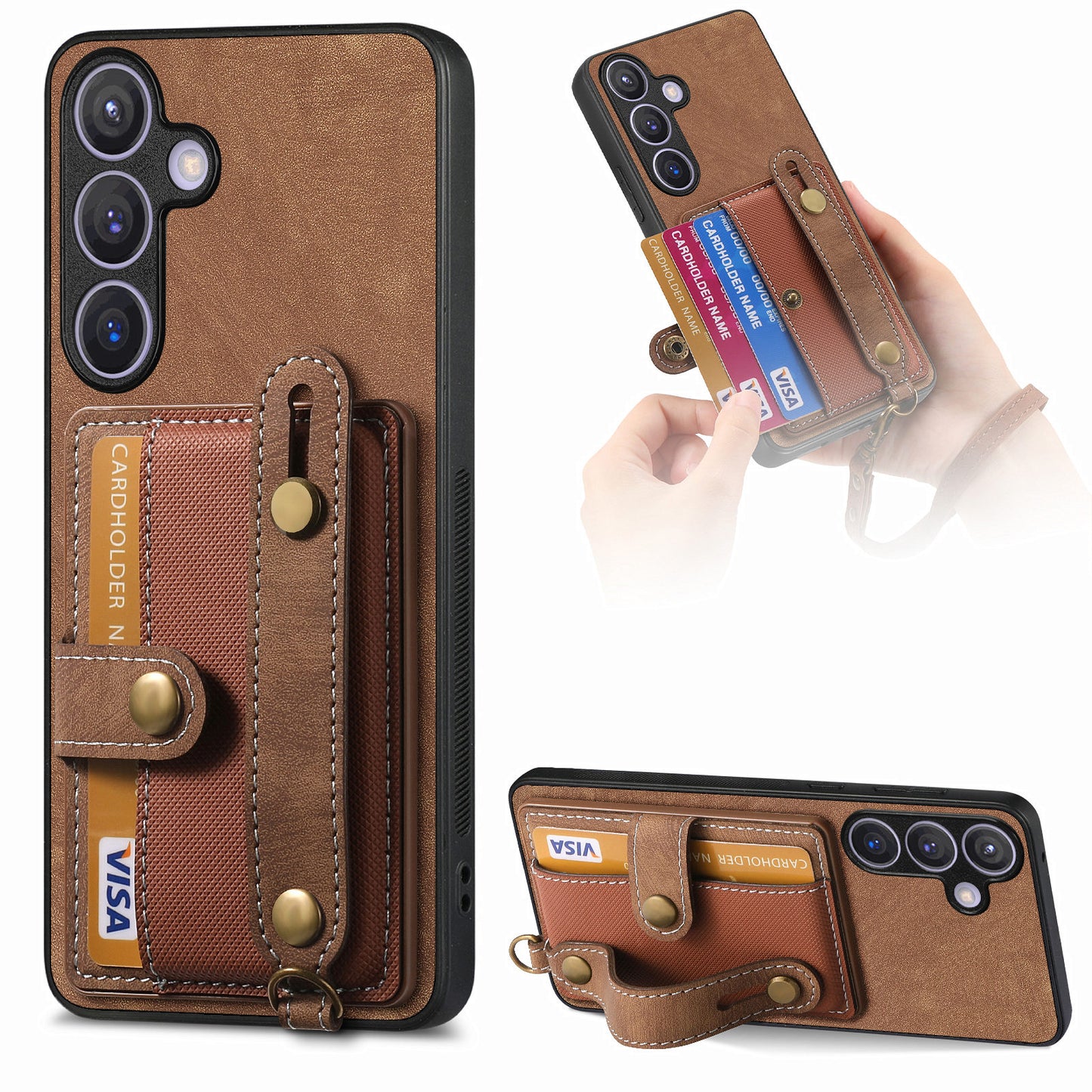 For Samsung Galaxy S24+ Case Cross Texture Leather Back Cover with Card Slot Wristband Kickstand - Brown