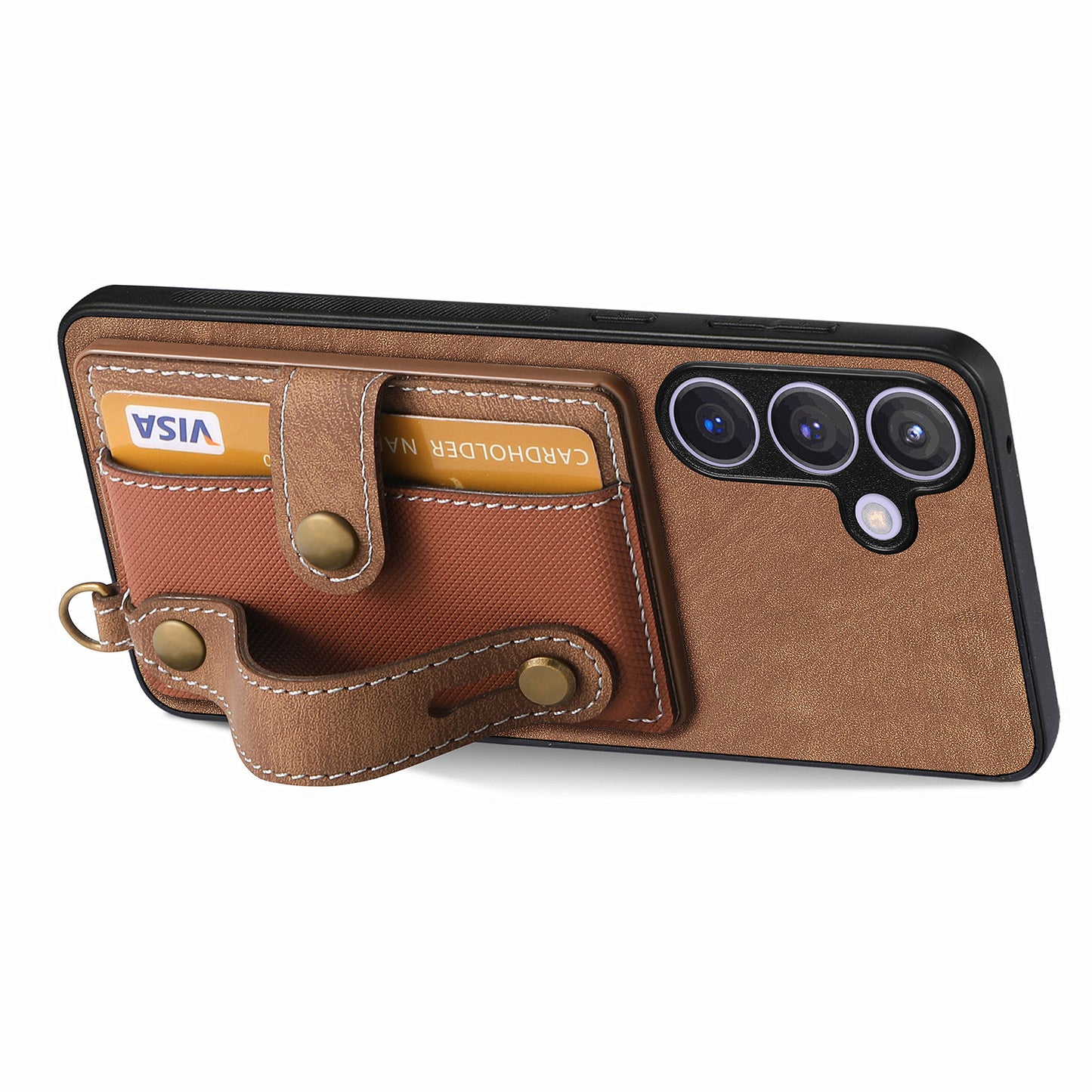 For Samsung Galaxy S24+ Case Cross Texture Leather Back Cover with Card Slot Wristband Kickstand - Brown
