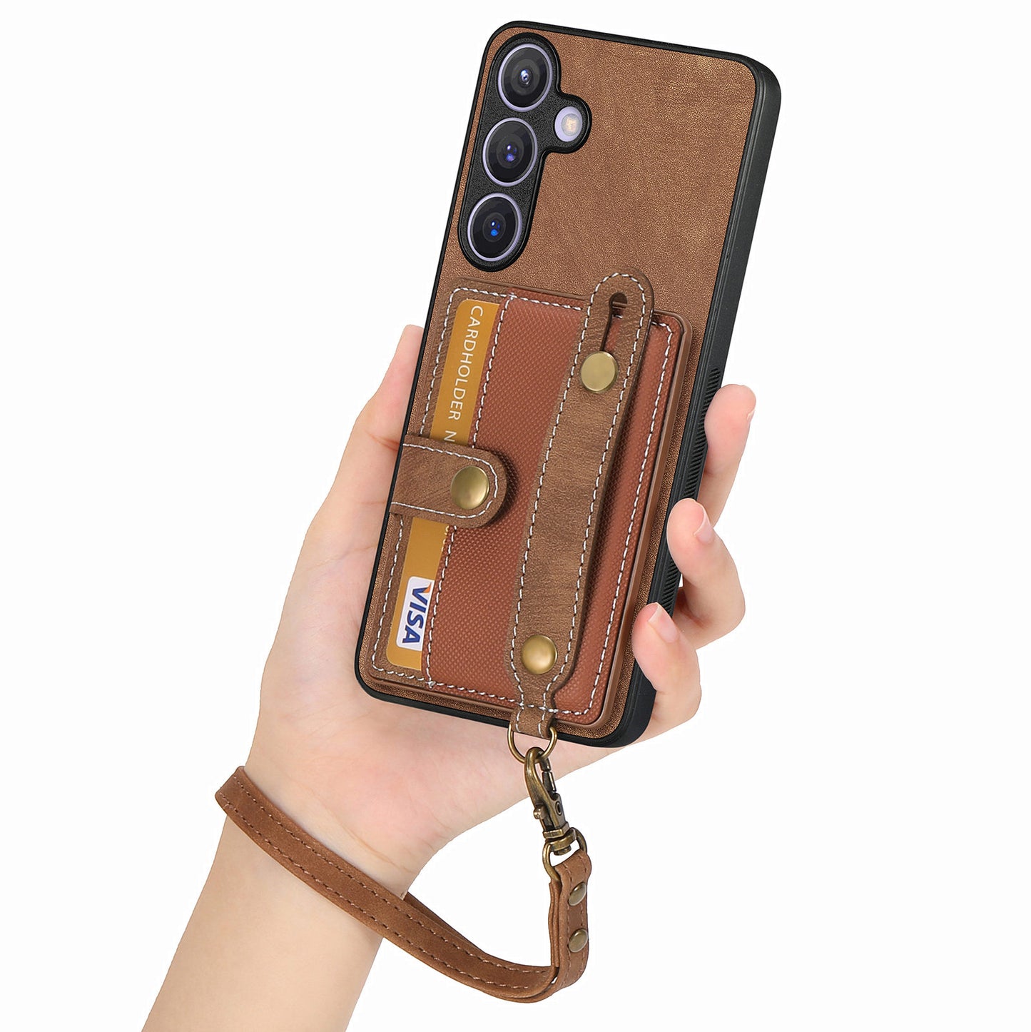 For Samsung Galaxy S24+ Case Cross Texture Leather Back Cover with Card Slot Wristband Kickstand - Brown