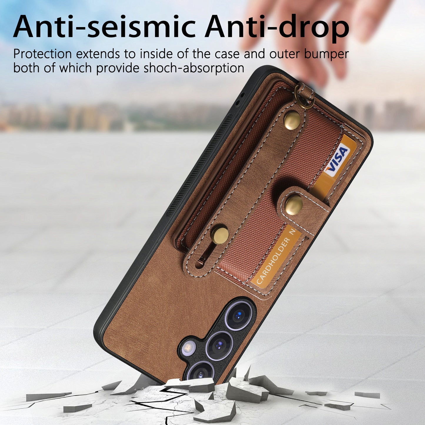 For Samsung Galaxy S24+ Case Cross Texture Leather Back Cover with Card Slot Wristband Kickstand - Brown