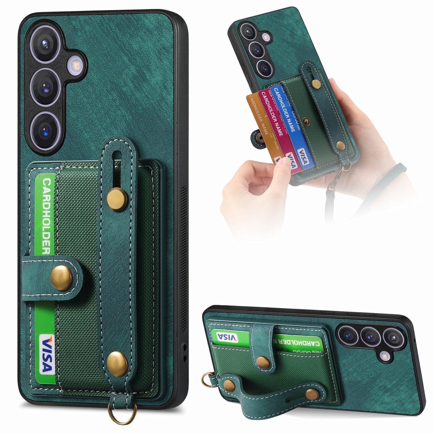 For Samsung Galaxy S24+ Case Cross Texture Leather Back Cover with Card Slot Wristband Kickstand - Green