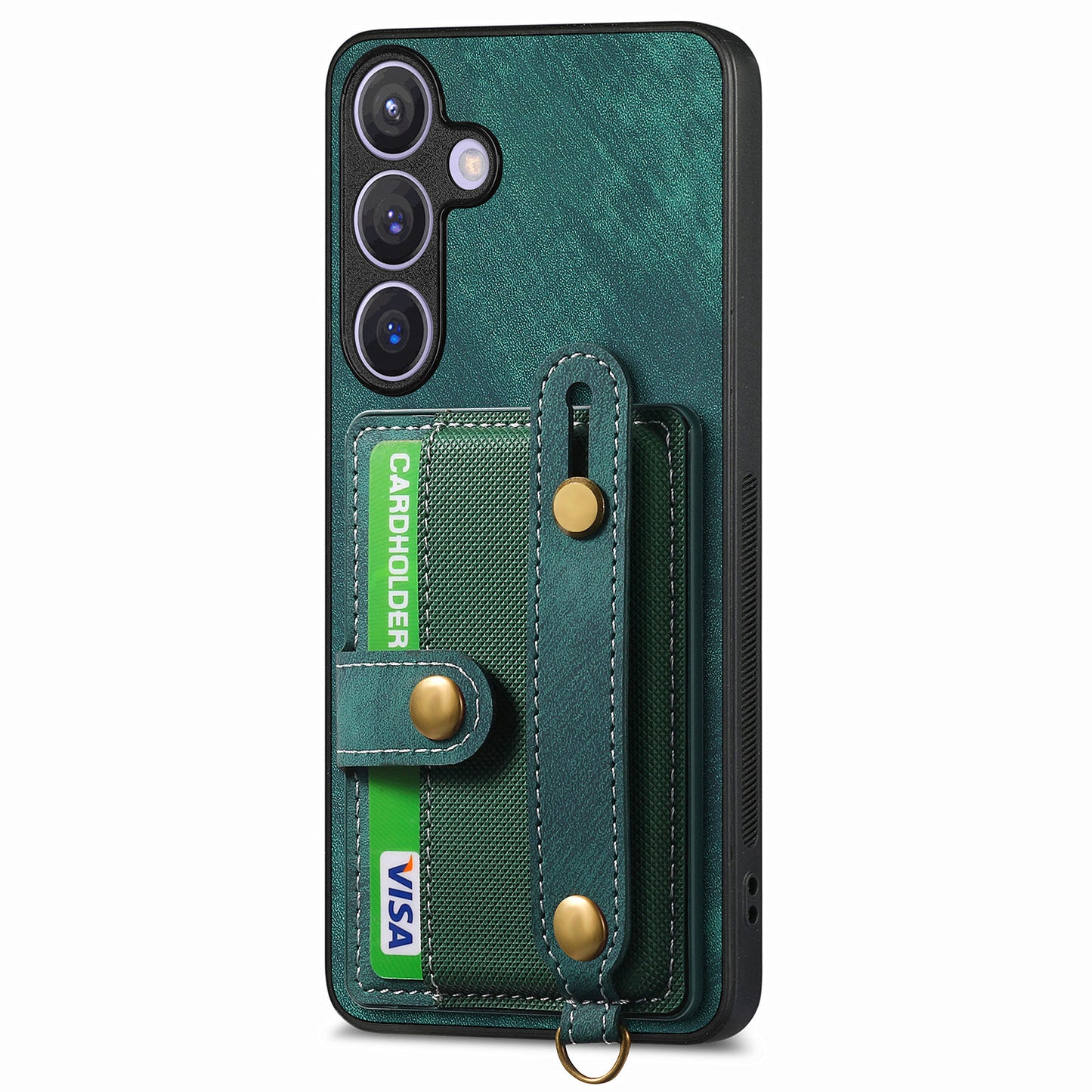 For Samsung Galaxy S24+ Case Cross Texture Leather Back Cover with Card Slot Wristband Kickstand - Green