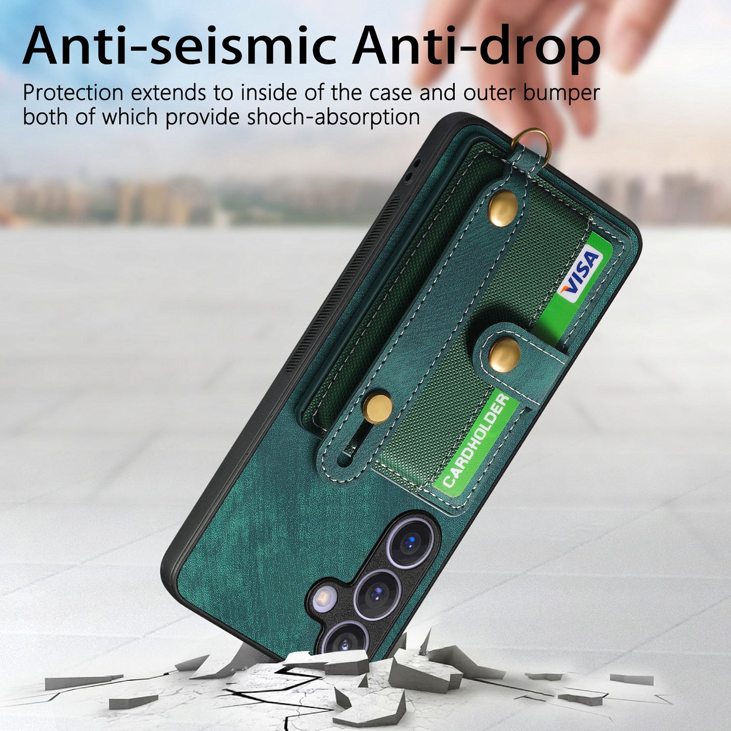 For Samsung Galaxy S24+ Case Cross Texture Leather Back Cover with Card Slot Wristband Kickstand - Green