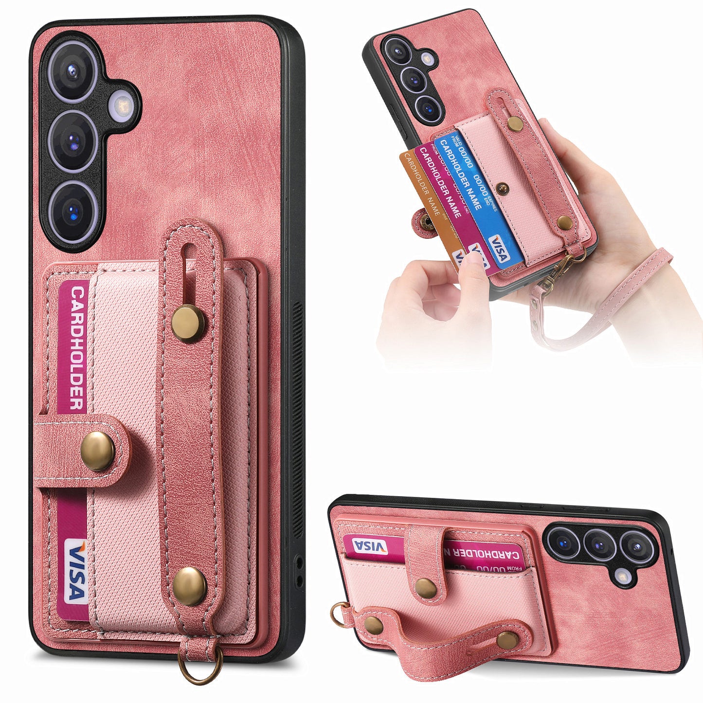 For Samsung Galaxy S24+ Case Cross Texture Leather Back Cover with Card Slot Wristband Kickstand - Rose Pink