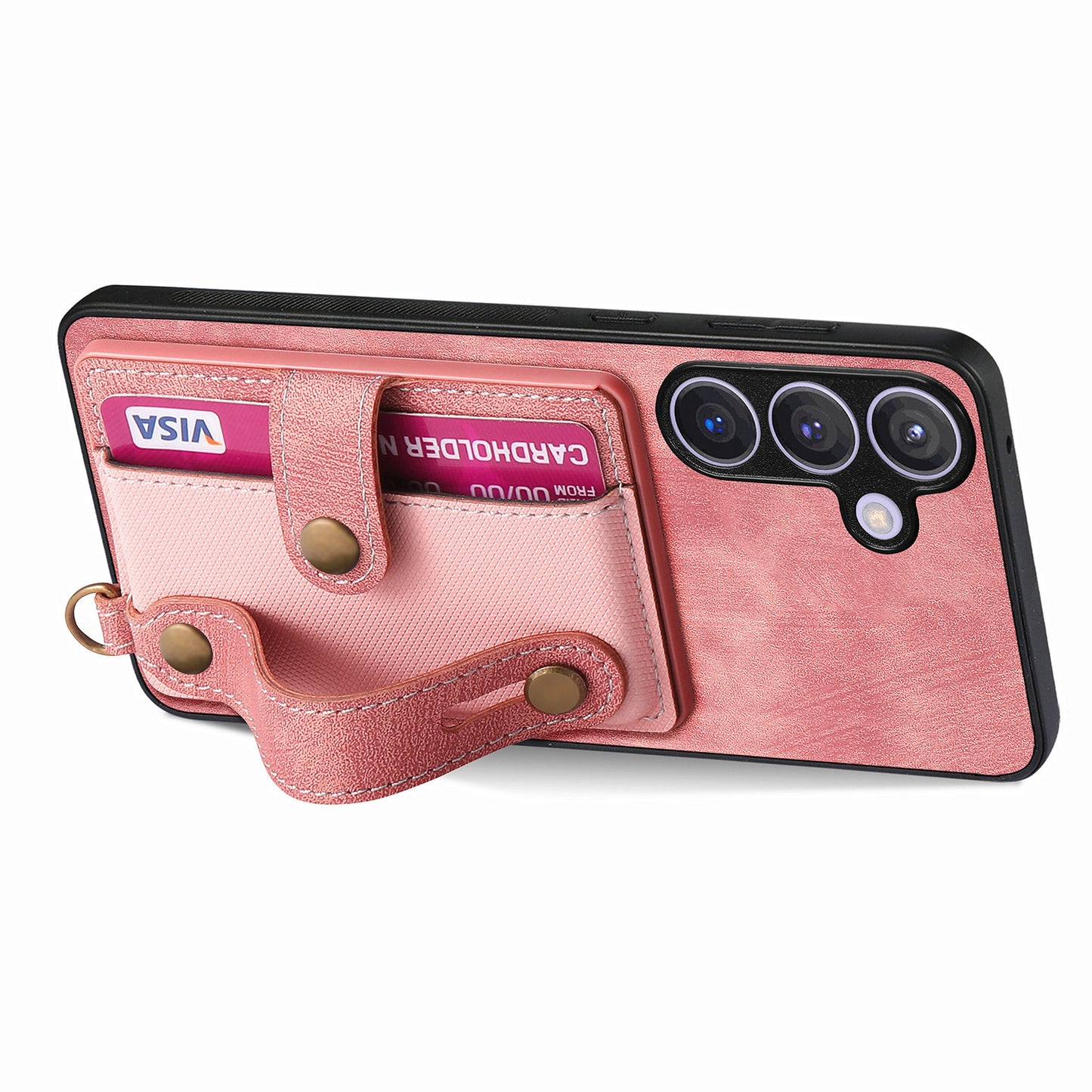 For Samsung Galaxy S24+ Case Cross Texture Leather Back Cover with Card Slot Wristband Kickstand - Rose Pink