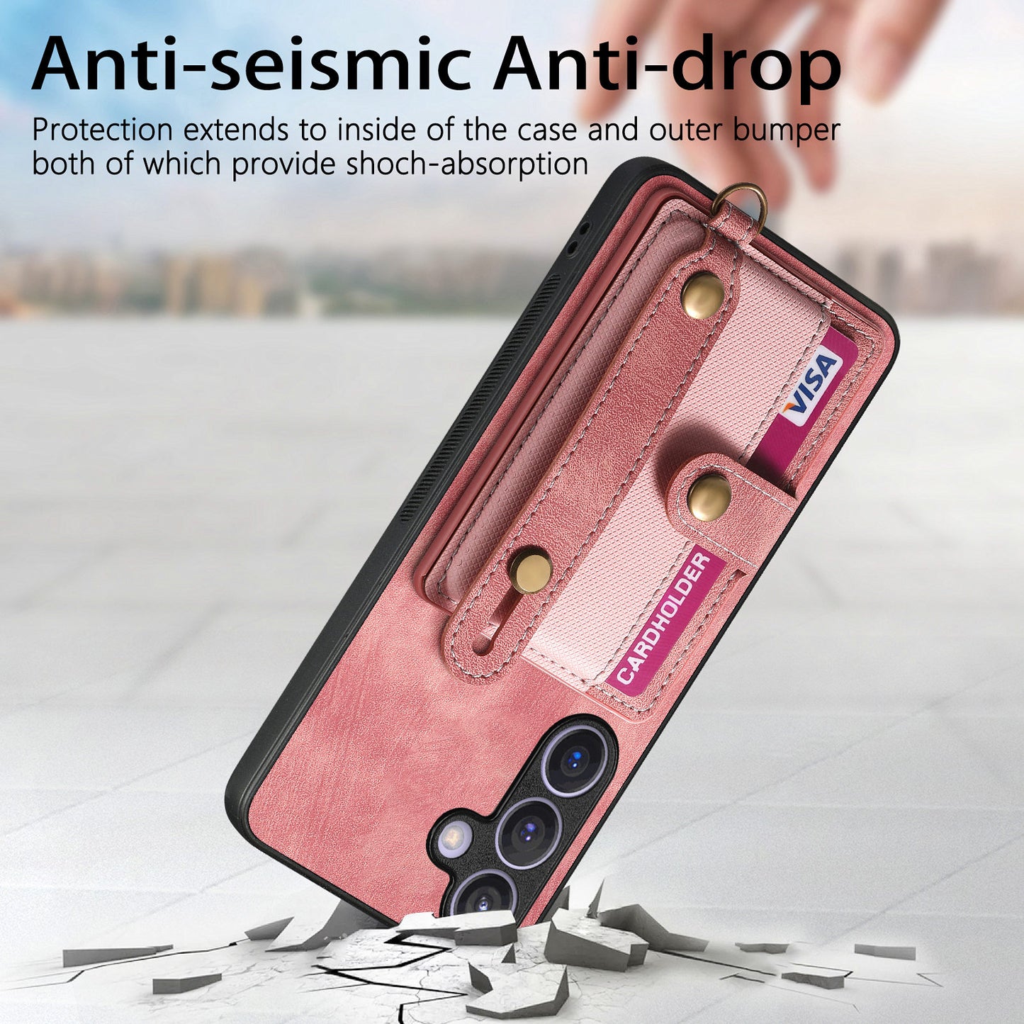 For Samsung Galaxy S24+ Case Cross Texture Leather Back Cover with Card Slot Wristband Kickstand - Rose Pink