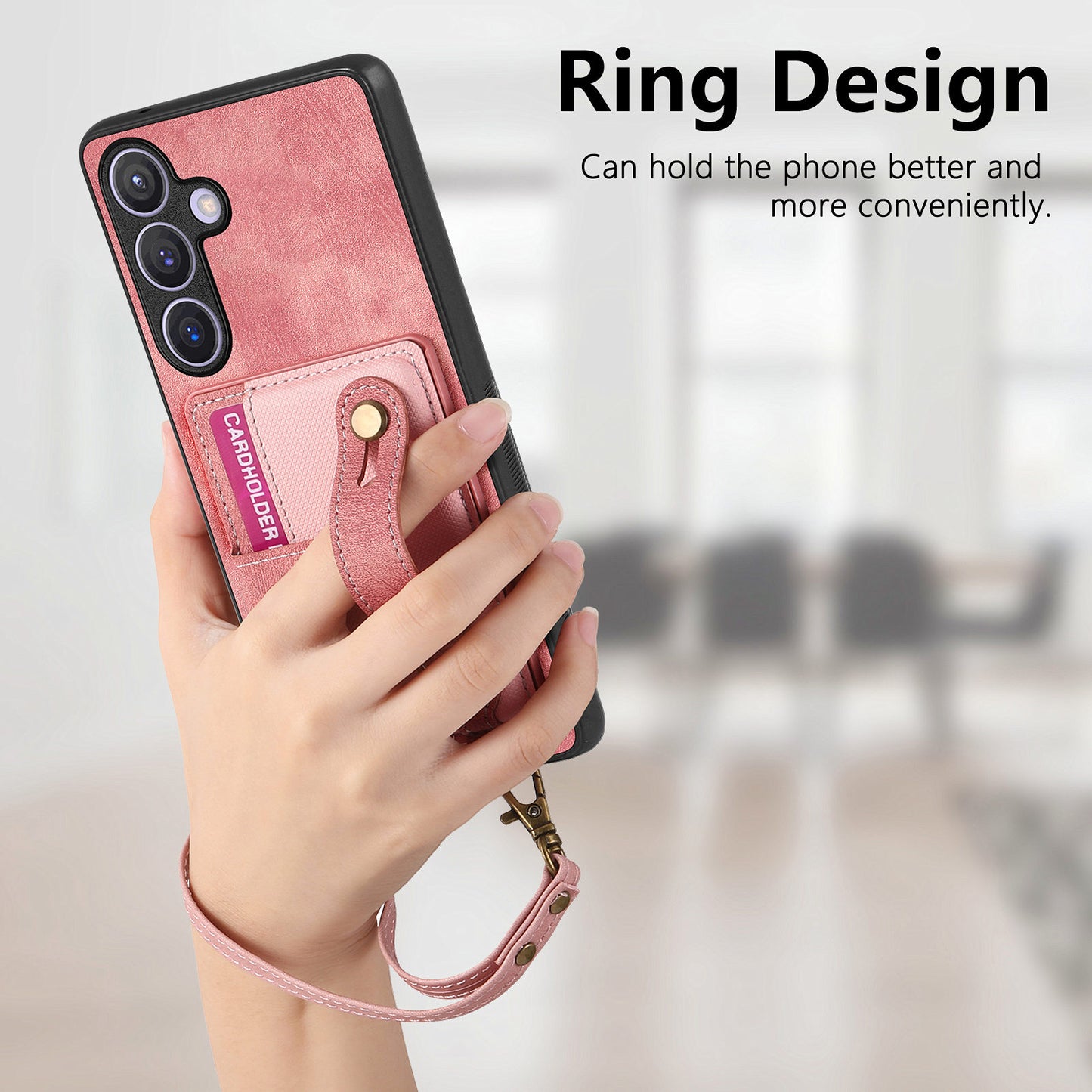For Samsung Galaxy S24+ Case Cross Texture Leather Back Cover with Card Slot Wristband Kickstand - Rose Pink