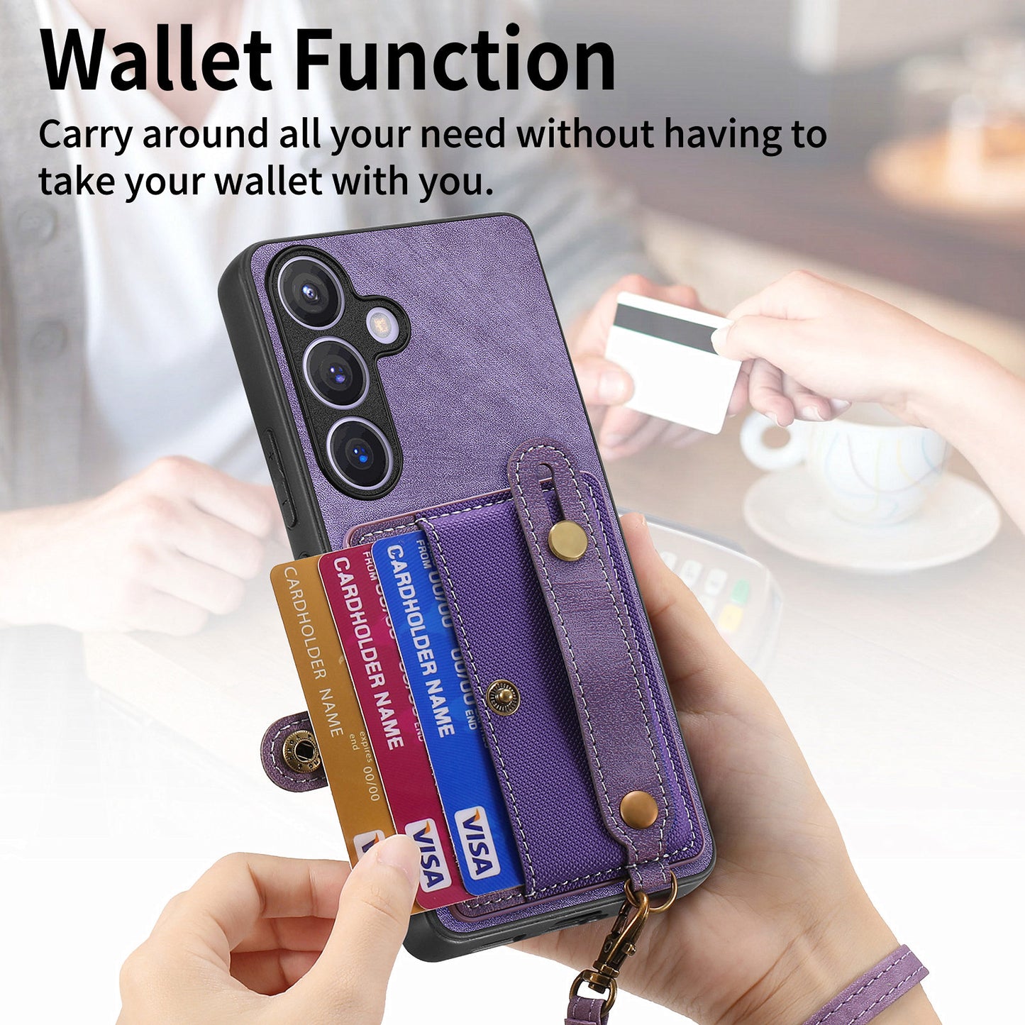 For Samsung Galaxy S24+ Case Cross Texture Leather Back Cover with Card Slot Wristband Kickstand - Purple
