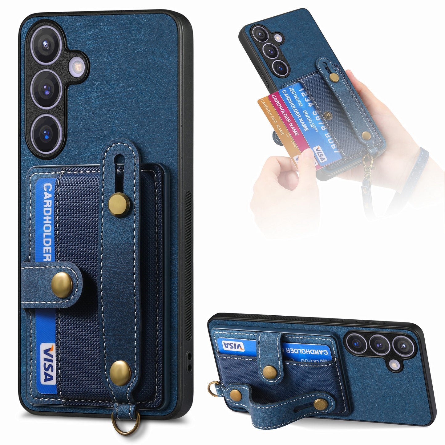 For Samsung Galaxy S24+ Case Cross Texture Leather Back Cover with Card Slot Wristband Kickstand - Blue
