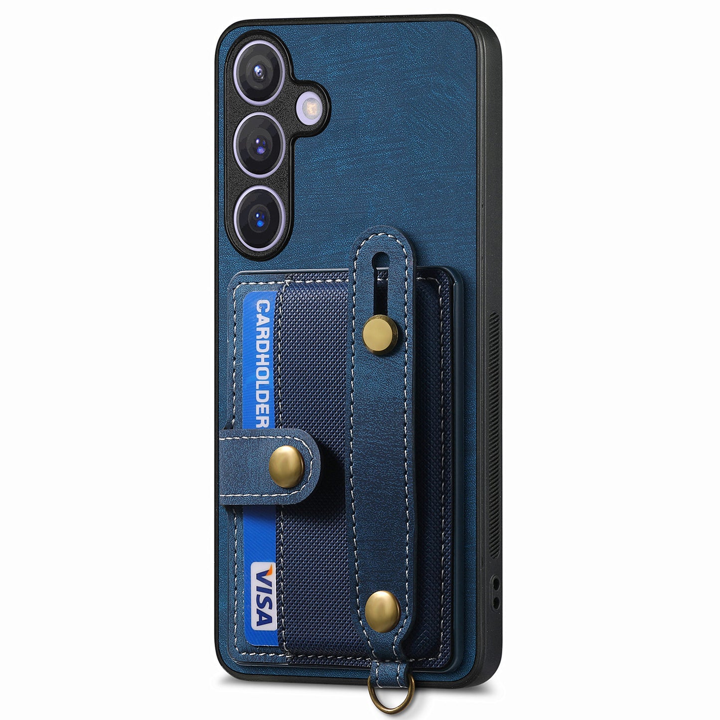 For Samsung Galaxy S24+ Case Cross Texture Leather Back Cover with Card Slot Wristband Kickstand - Blue