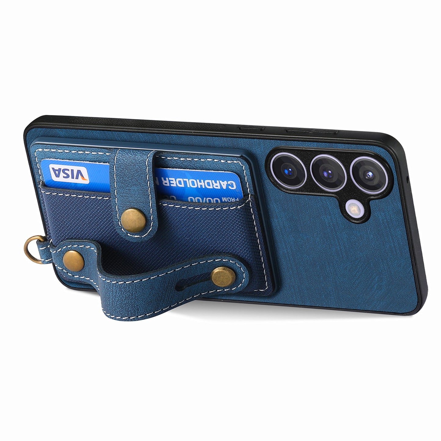 For Samsung Galaxy S24+ Case Cross Texture Leather Back Cover with Card Slot Wristband Kickstand - Blue