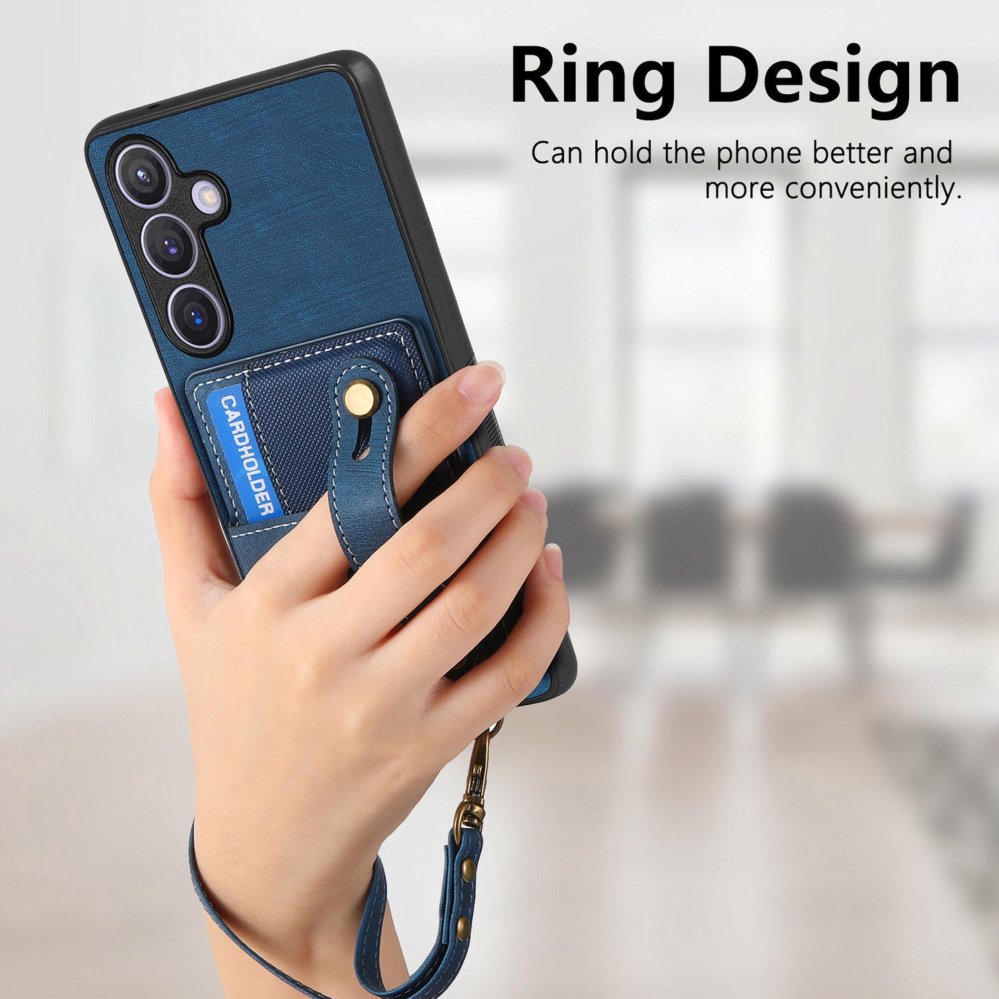 For Samsung Galaxy S24+ Case Cross Texture Leather Back Cover with Card Slot Wristband Kickstand - Blue
