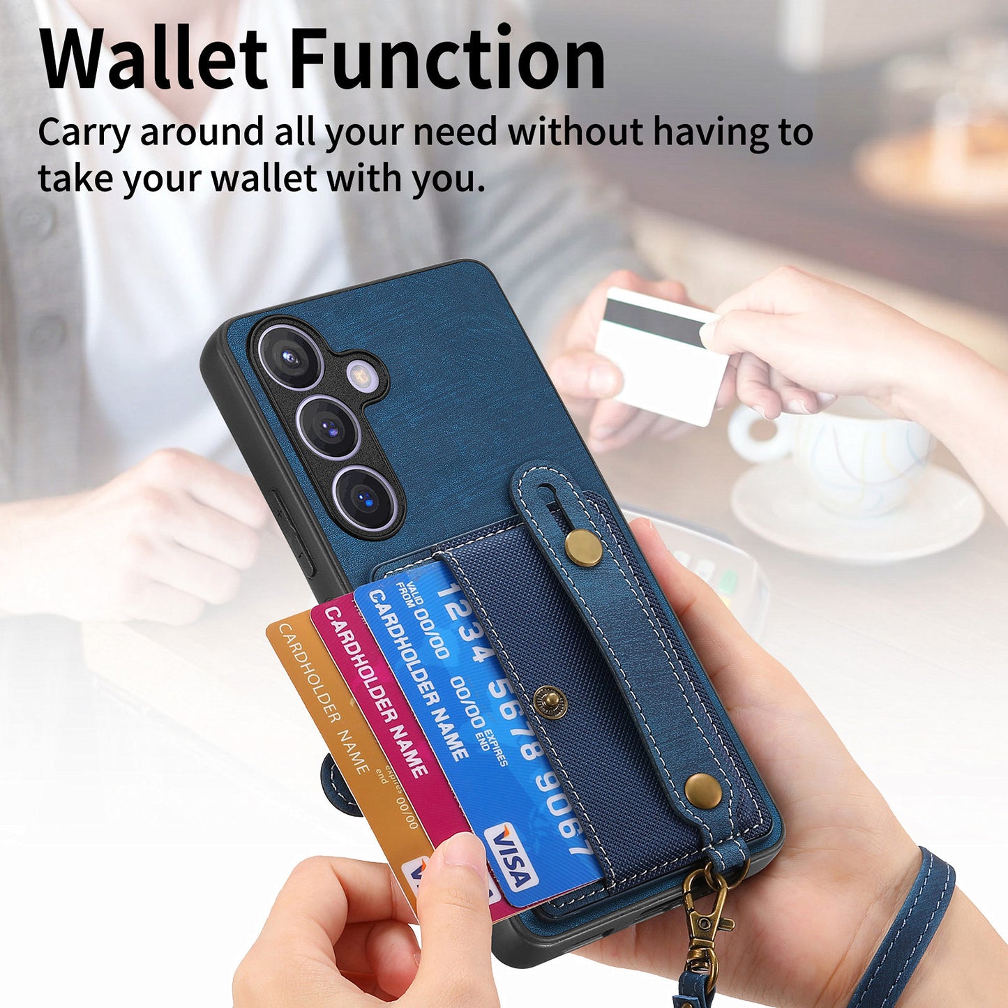 For Samsung Galaxy S24+ Case Cross Texture Leather Back Cover with Card Slot Wristband Kickstand - Blue