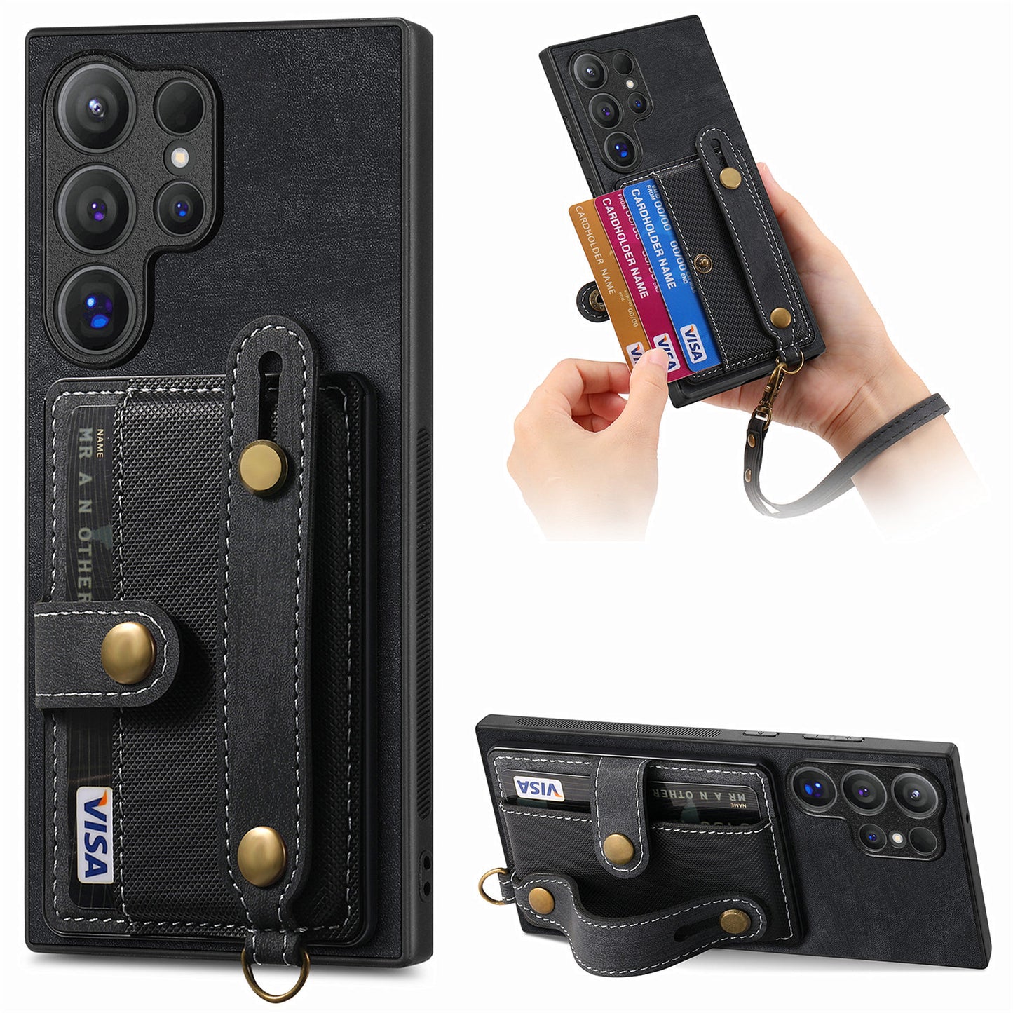 For Samsung Galaxy S24 Ultra Back Case Wristband Kickstand Leather Cover with Card Slot - Black