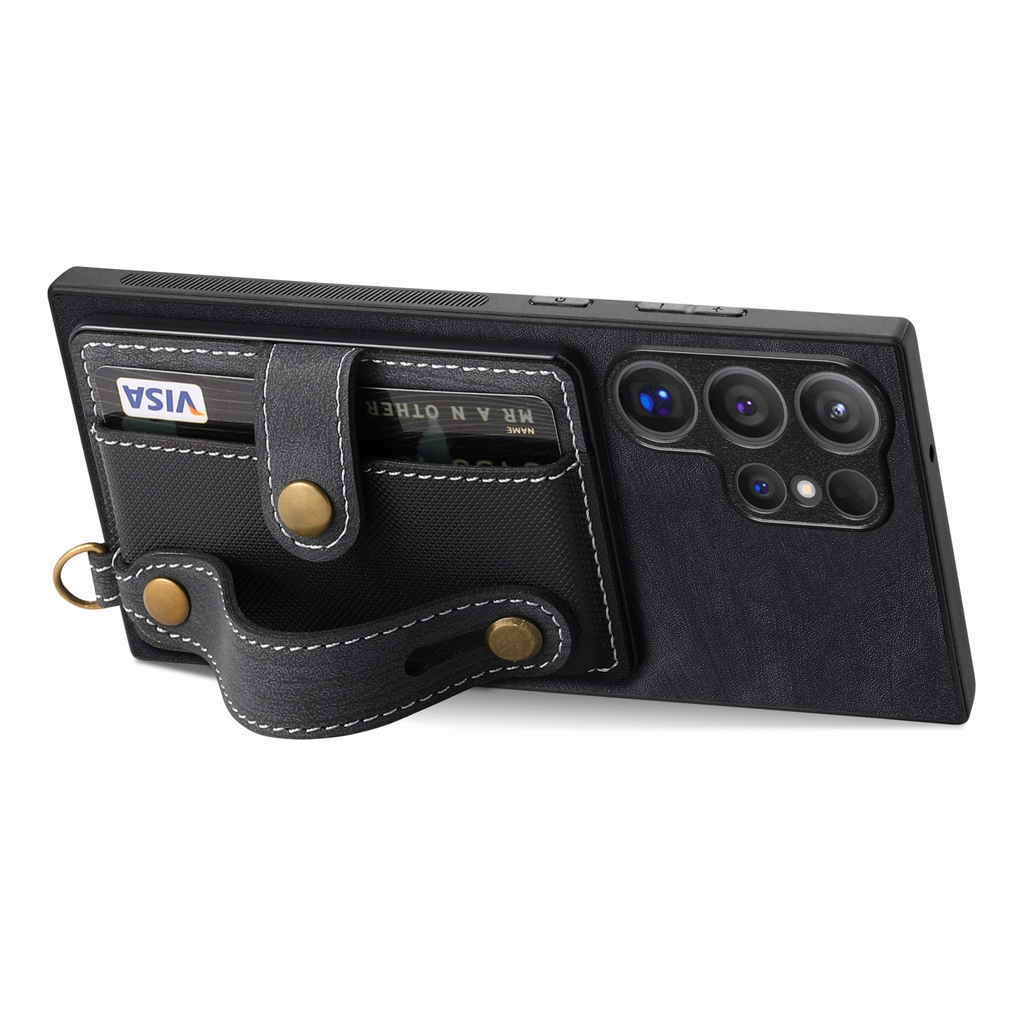 For Samsung Galaxy S24 Ultra Back Case Wristband Kickstand Leather Cover with Card Slot - Black