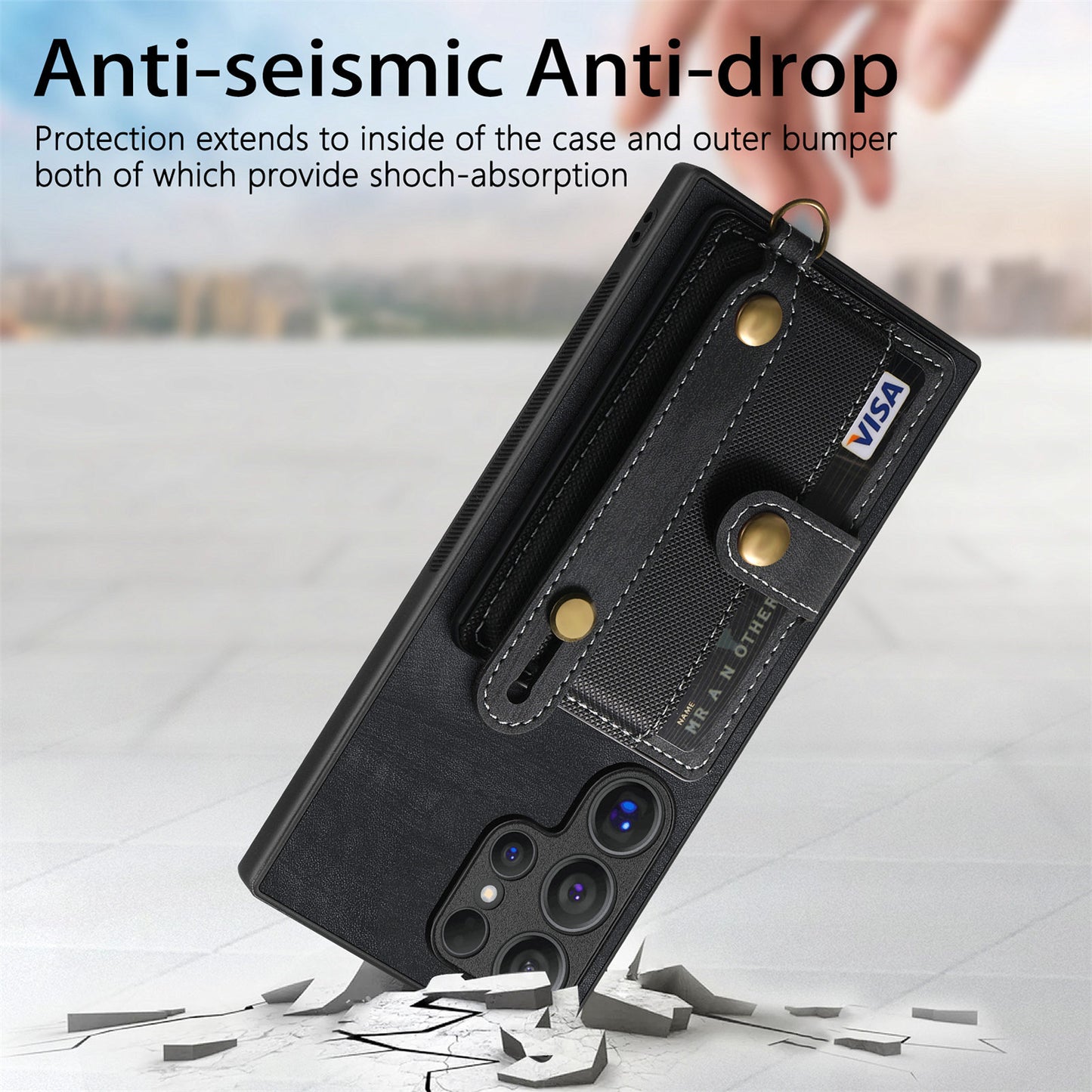 For Samsung Galaxy S24 Ultra Back Case Wristband Kickstand Leather Cover with Card Slot - Black