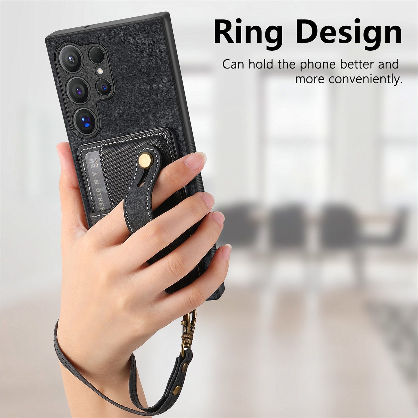 For Samsung Galaxy S24 Ultra Back Case Wristband Kickstand Leather Cover with Card Slot - Black