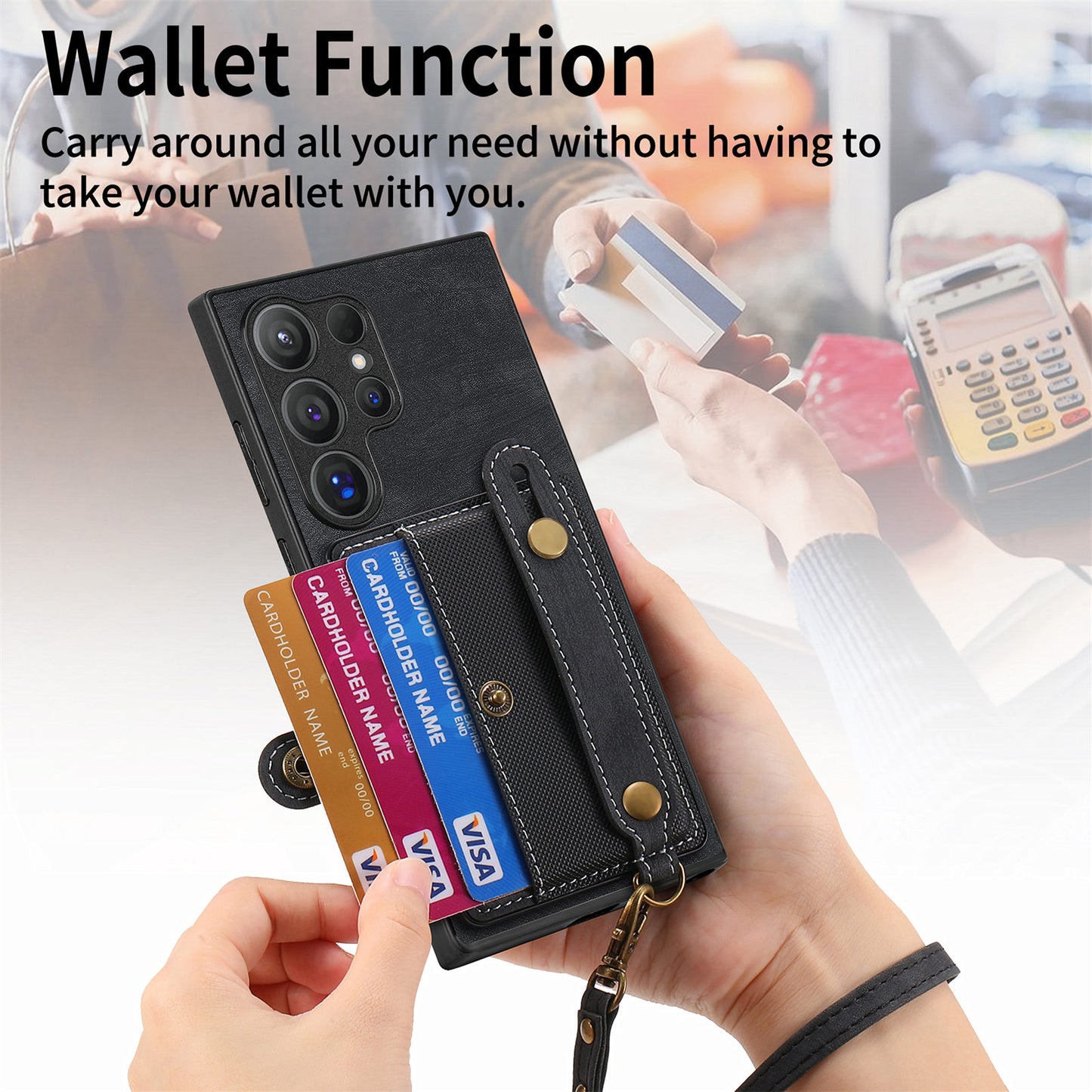 For Samsung Galaxy S24 Ultra Back Case Wristband Kickstand Leather Cover with Card Slot - Black