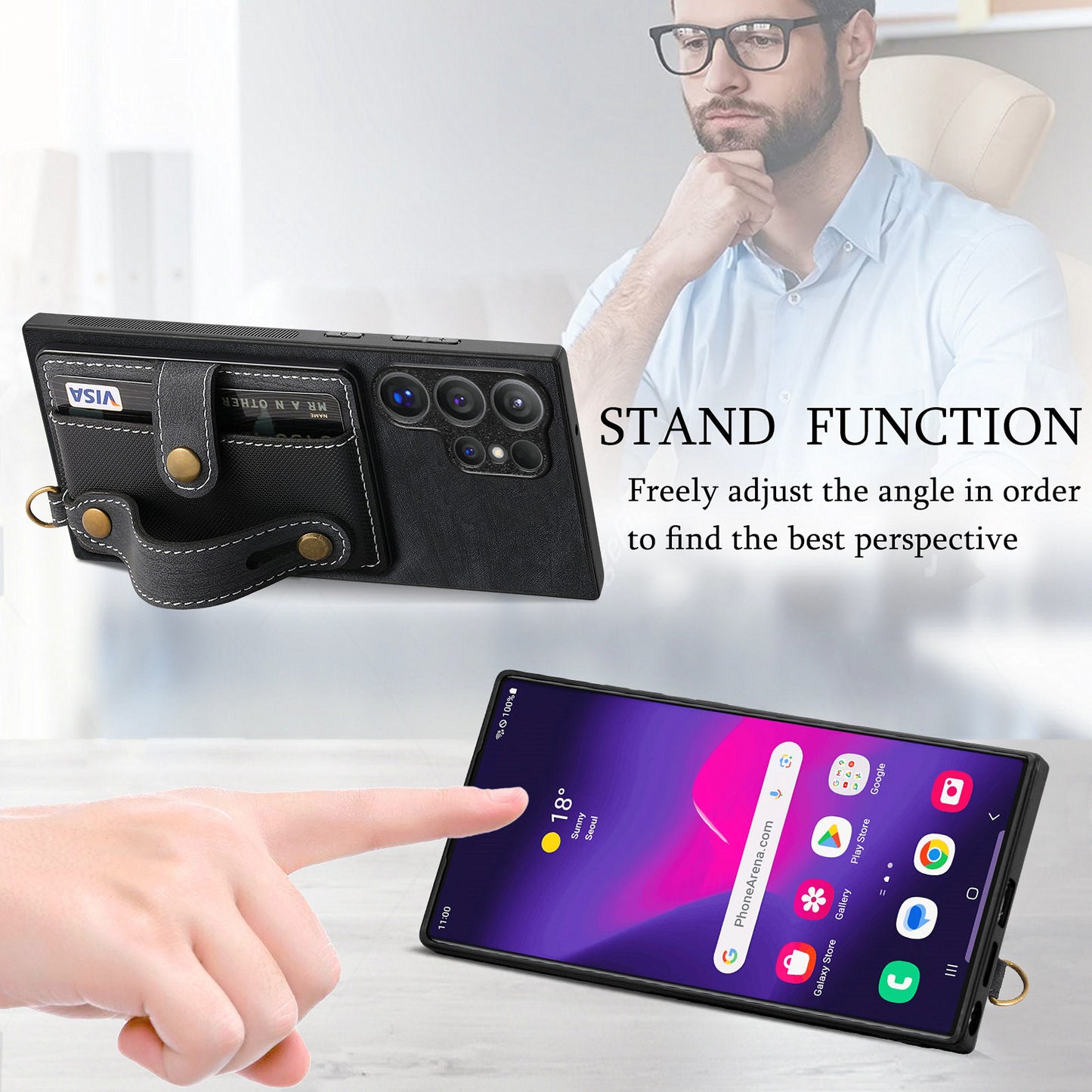 For Samsung Galaxy S24 Ultra Back Case Wristband Kickstand Leather Cover with Card Slot - Black