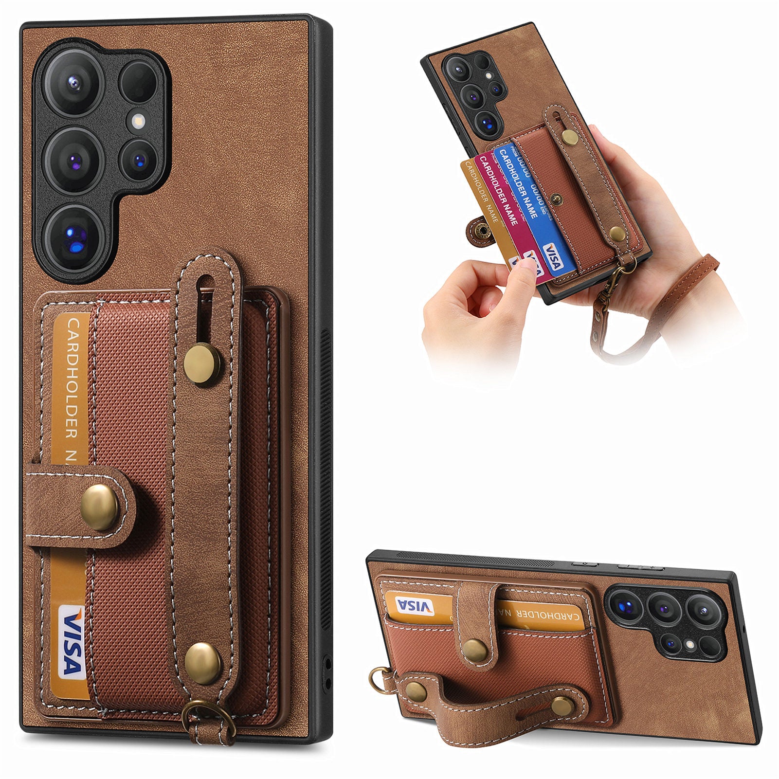 For Samsung Galaxy S24 Ultra Back Case Wristband Kickstand Leather Cover with Card Slot - Brown