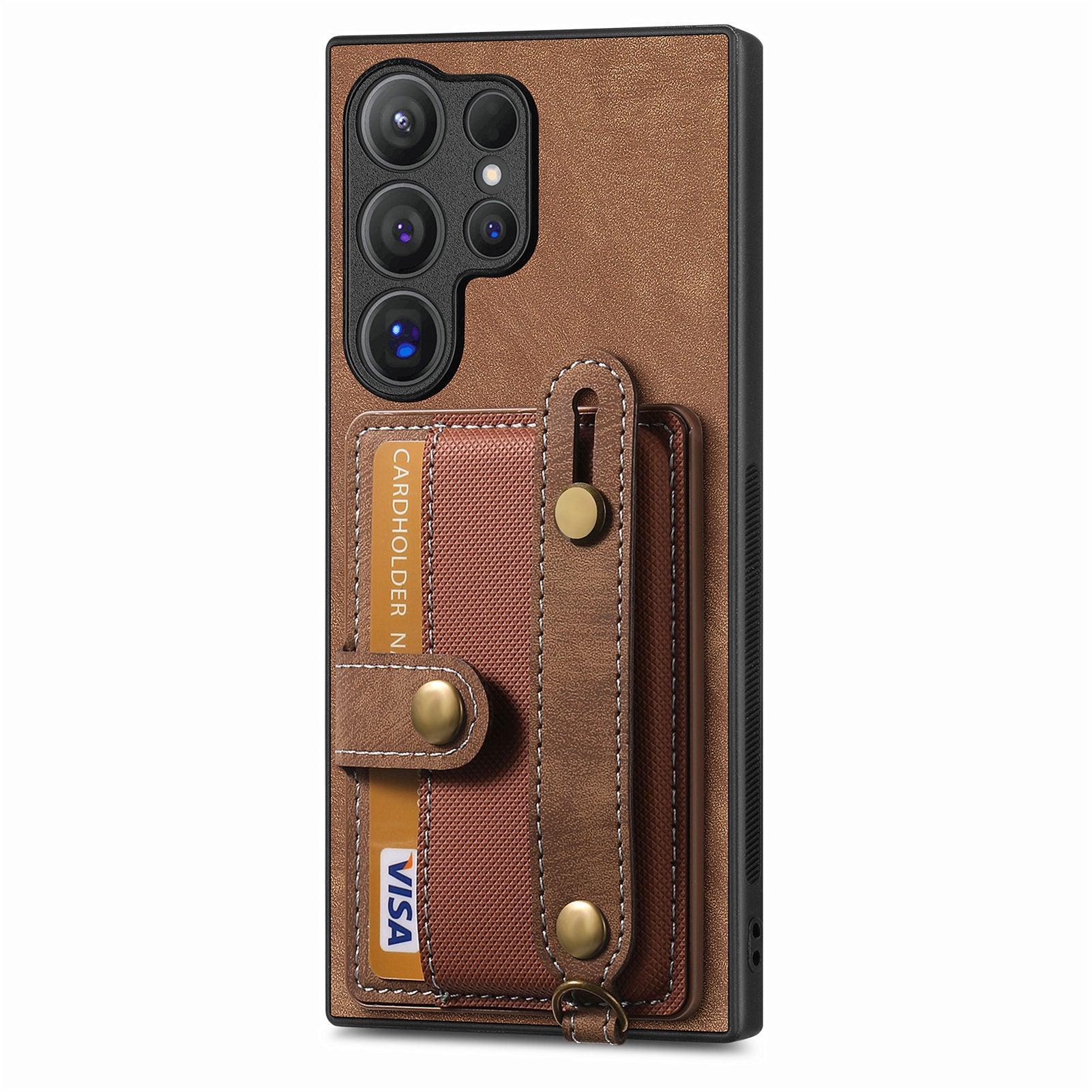For Samsung Galaxy S24 Ultra Back Case Wristband Kickstand Leather Cover with Card Slot - Brown