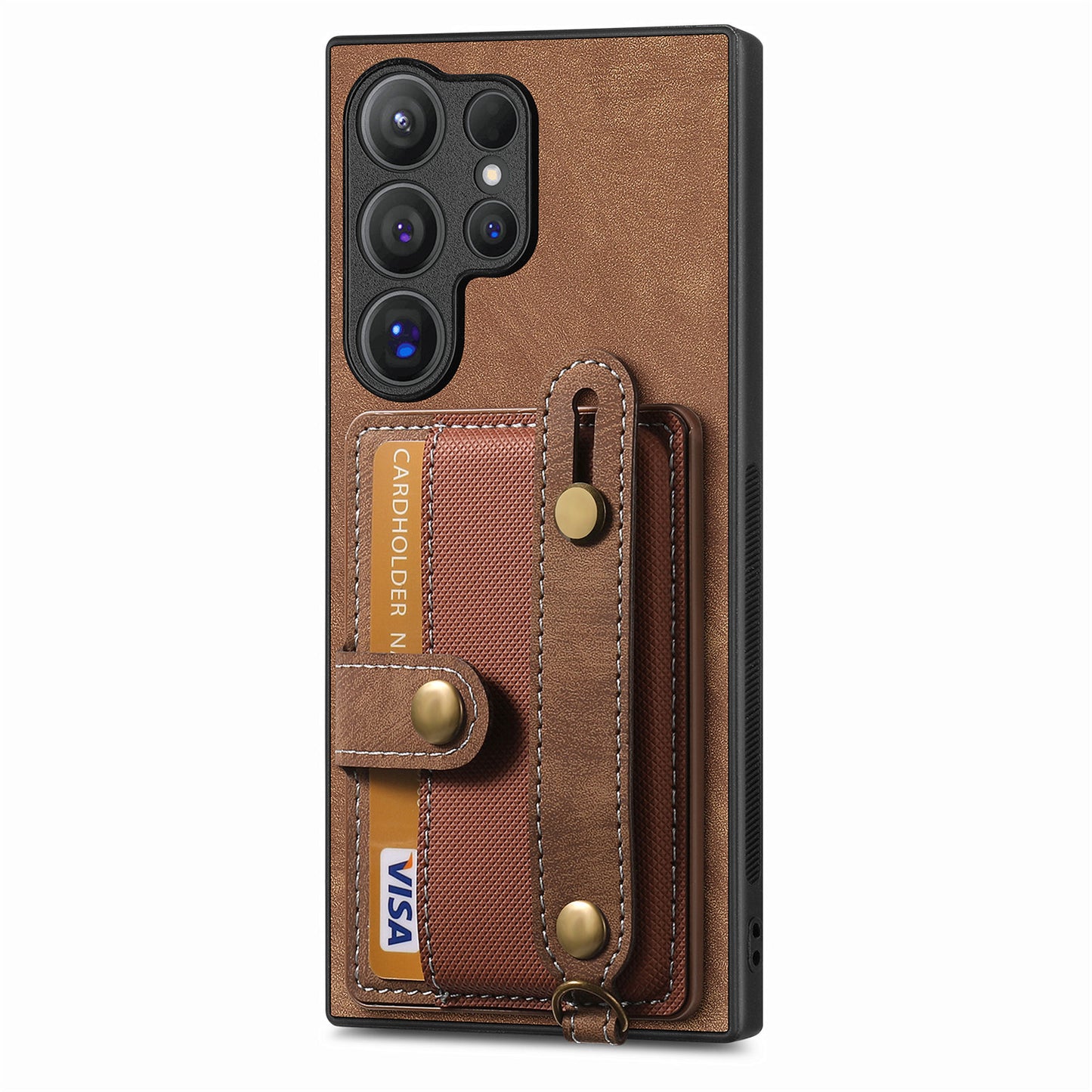 For Samsung Galaxy S24 Ultra Back Case Wristband Kickstand Leather Cover with Card Slot - Brown