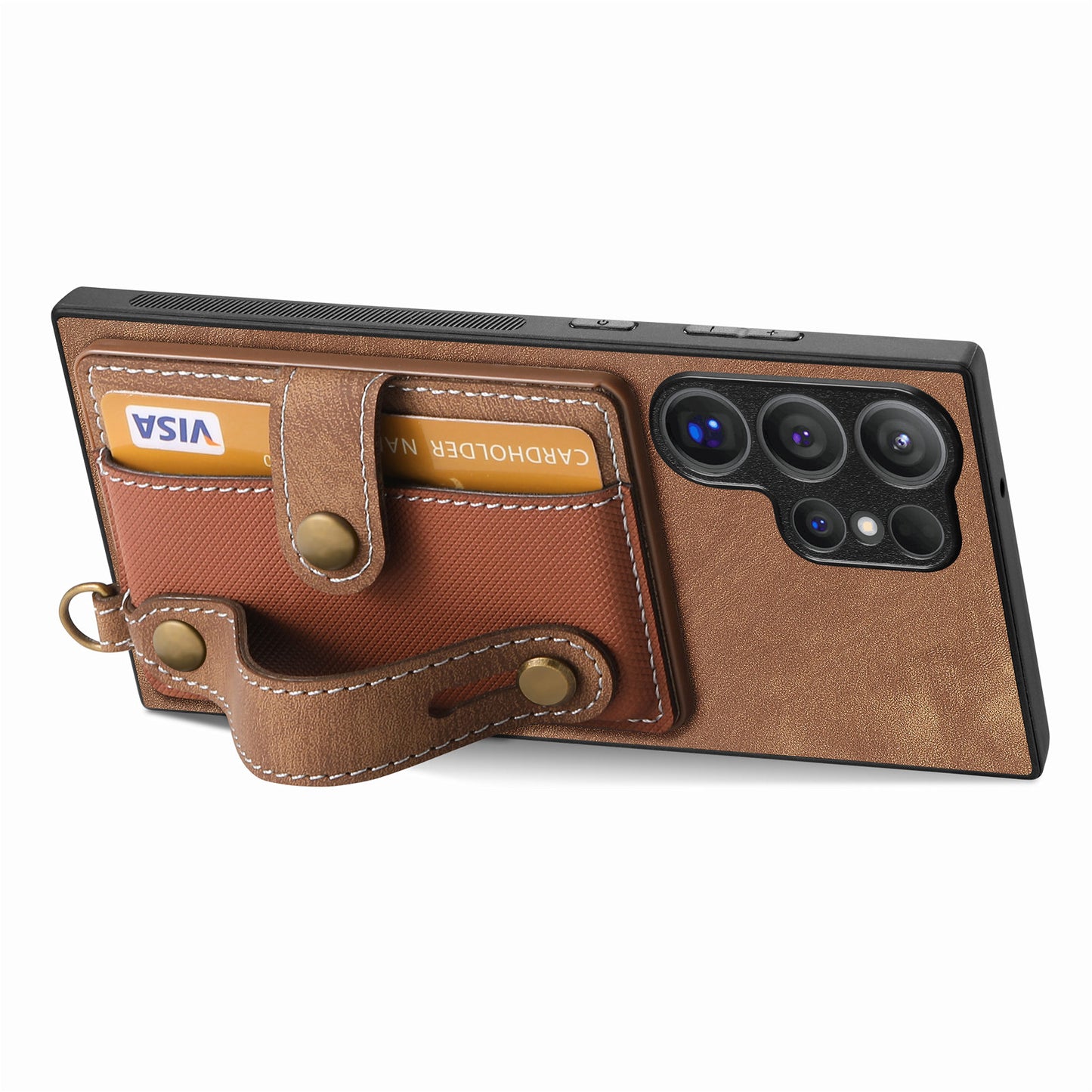 For Samsung Galaxy S24 Ultra Back Case Wristband Kickstand Leather Cover with Card Slot - Brown