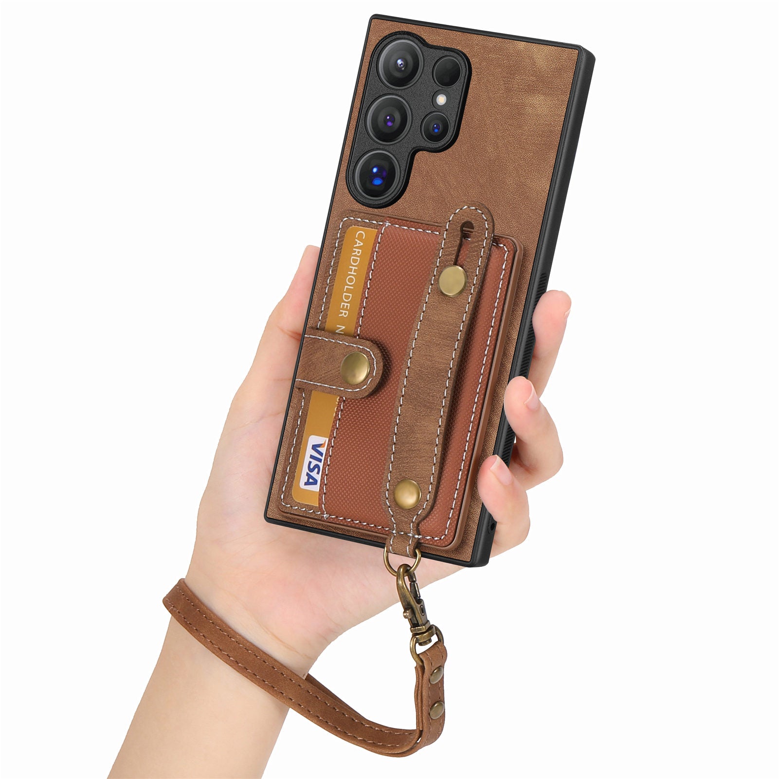 For Samsung Galaxy S24 Ultra Back Case Wristband Kickstand Leather Cover with Card Slot - Brown