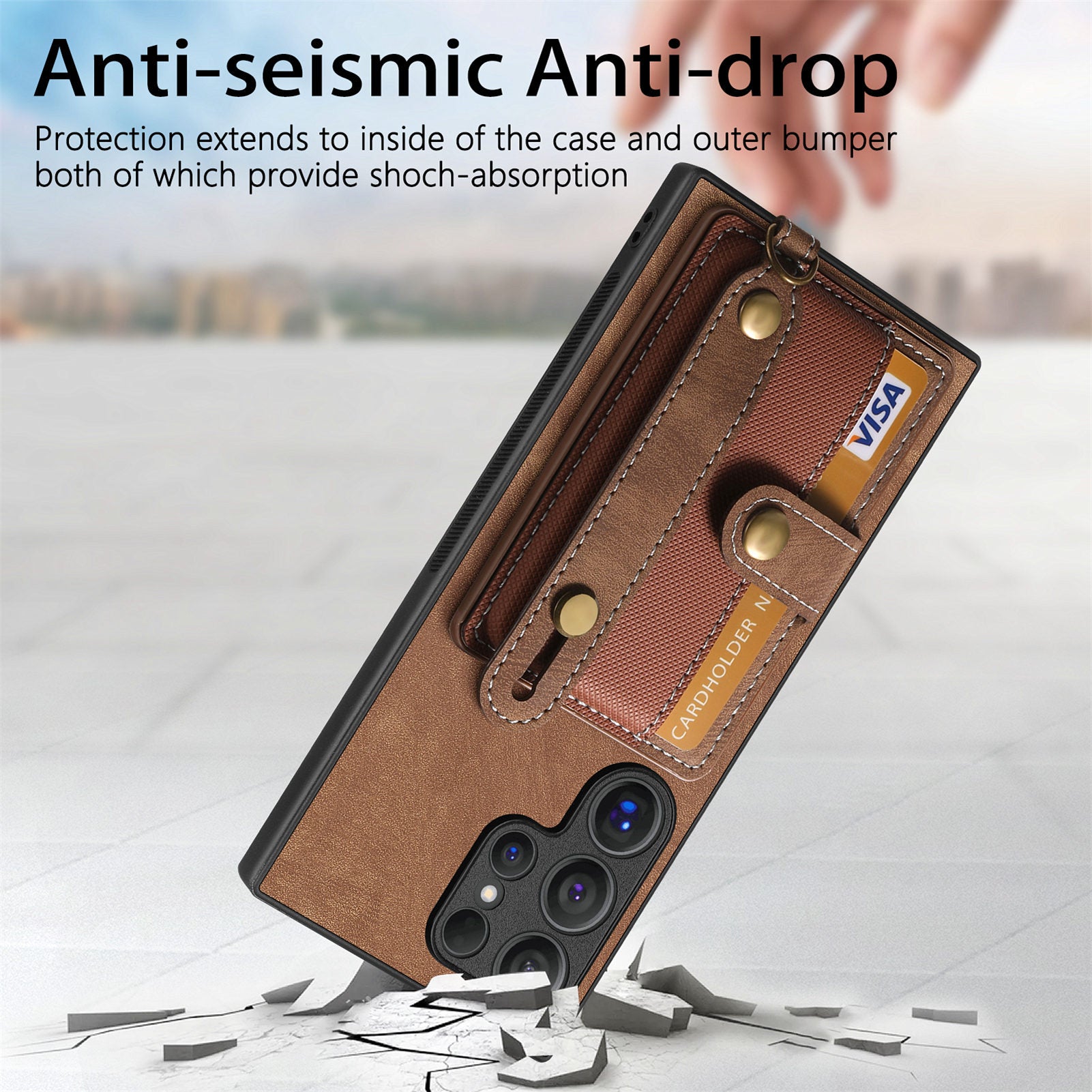 For Samsung Galaxy S24 Ultra Back Case Wristband Kickstand Leather Cover with Card Slot - Brown