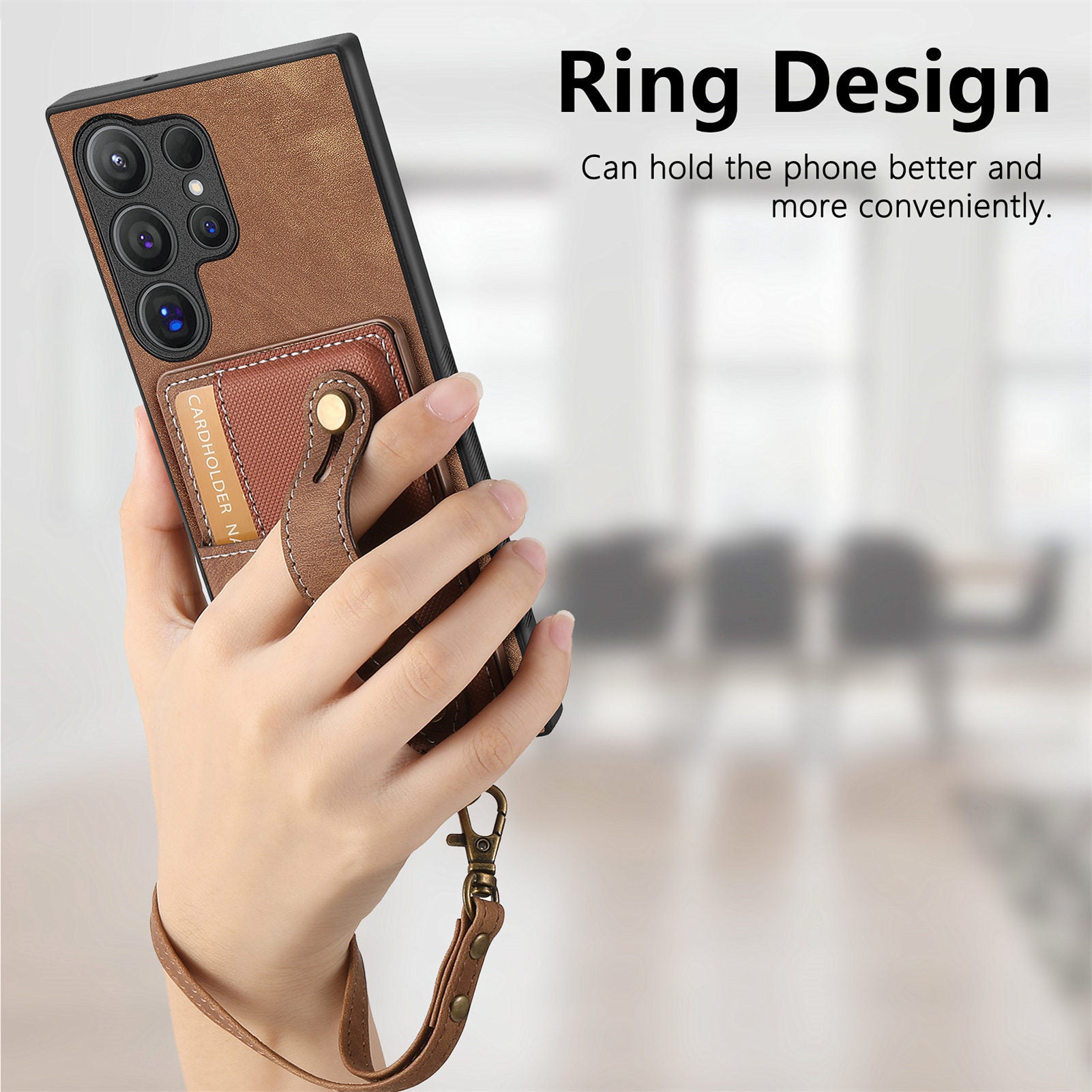 For Samsung Galaxy S24 Ultra Back Case Wristband Kickstand Leather Cover with Card Slot - Brown