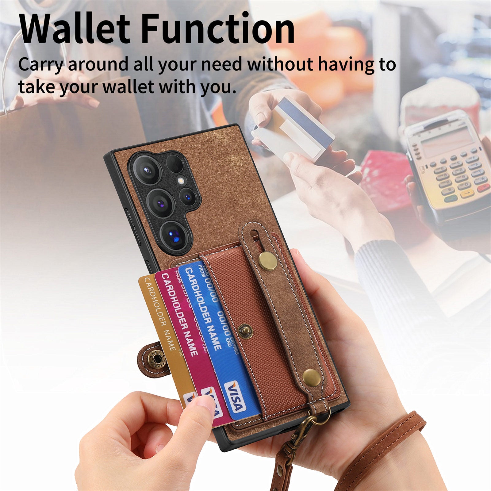 For Samsung Galaxy S24 Ultra Back Case Wristband Kickstand Leather Cover with Card Slot - Brown