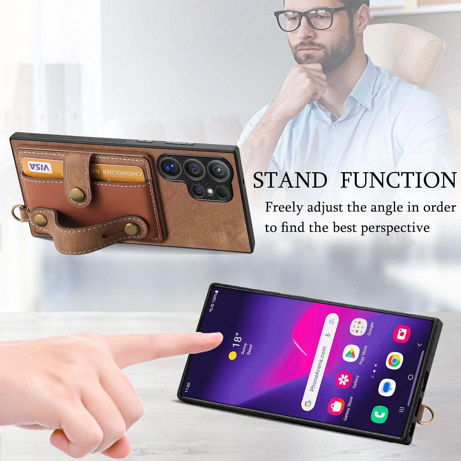 For Samsung Galaxy S24 Ultra Back Case Wristband Kickstand Leather Cover with Card Slot - Brown