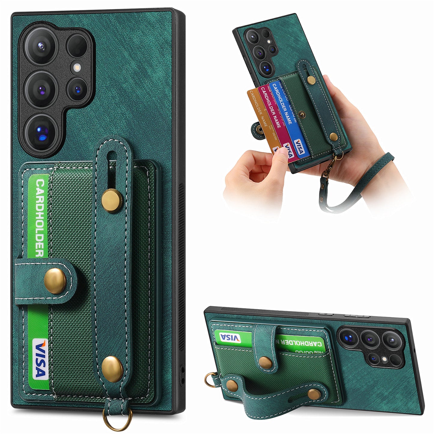 For Samsung Galaxy S24 Ultra Back Case Wristband Kickstand Leather Cover with Card Slot - Green