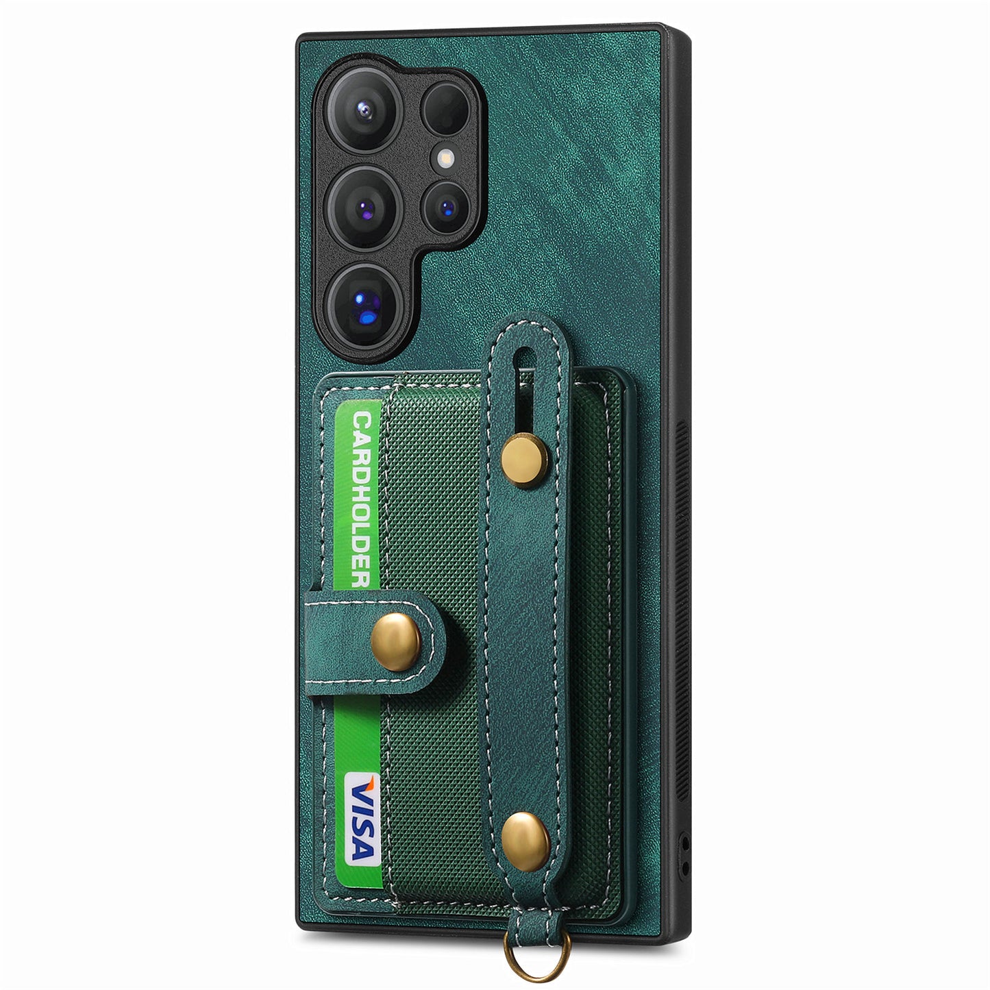 For Samsung Galaxy S24 Ultra Back Case Wristband Kickstand Leather Cover with Card Slot - Green