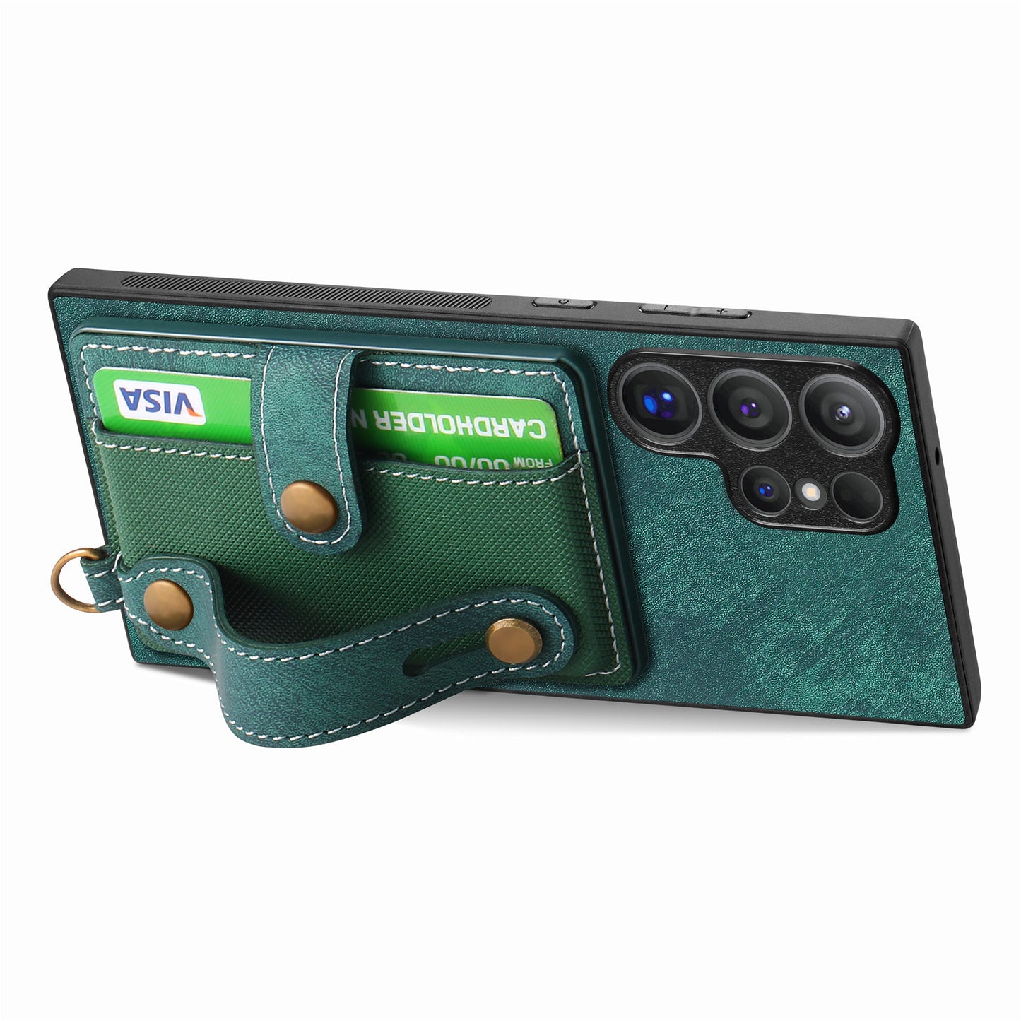 For Samsung Galaxy S24 Ultra Back Case Wristband Kickstand Leather Cover with Card Slot - Green