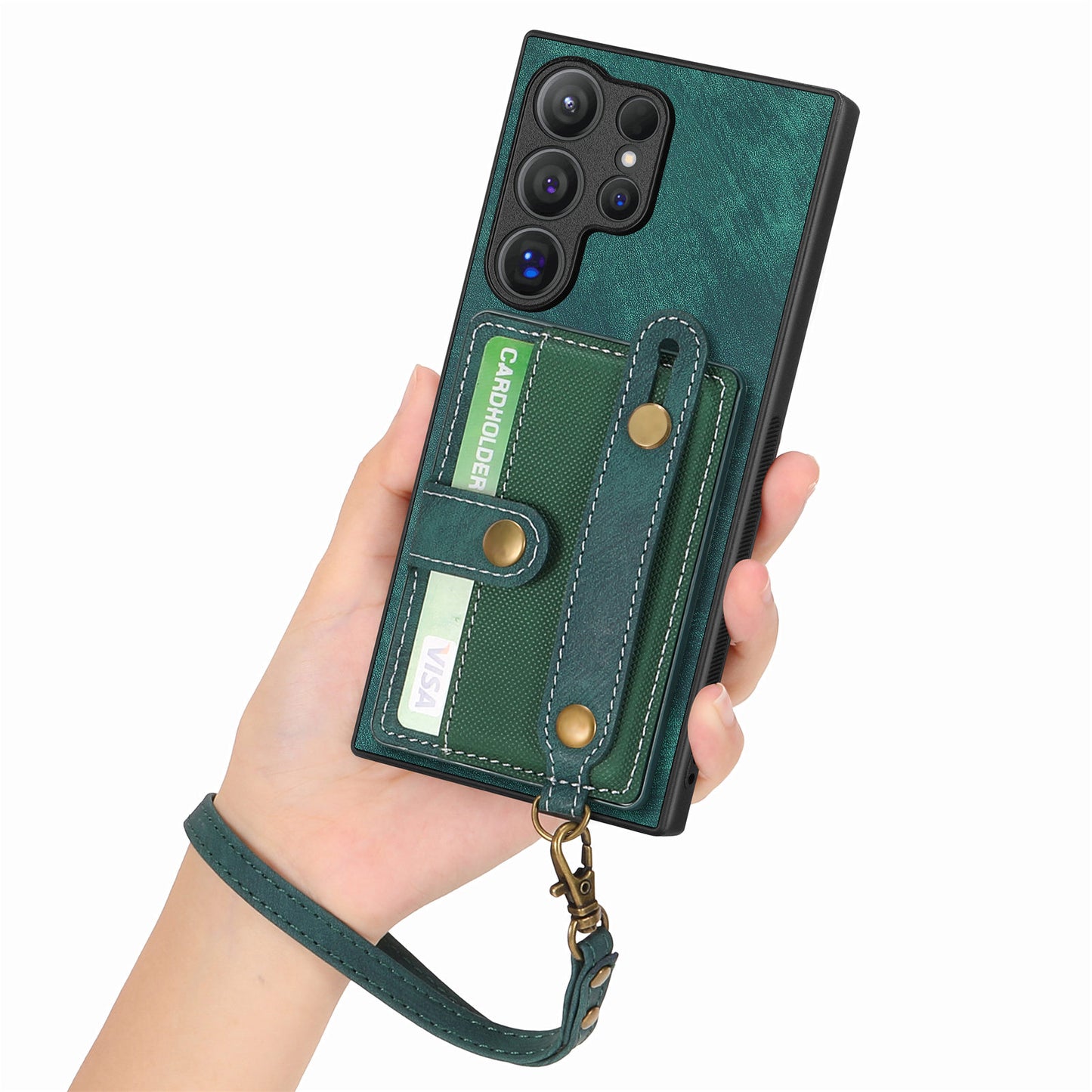 For Samsung Galaxy S24 Ultra Back Case Wristband Kickstand Leather Cover with Card Slot - Green